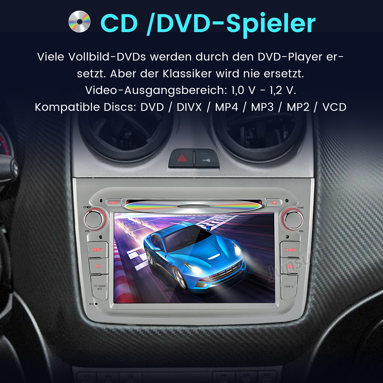 Interfejs radia samochodowego z niebieską grafiką samochodu na ekranie. Deska rozdzielcza i wnętrze samochodu. Funkcja odtwarzacza CD/DVD.
