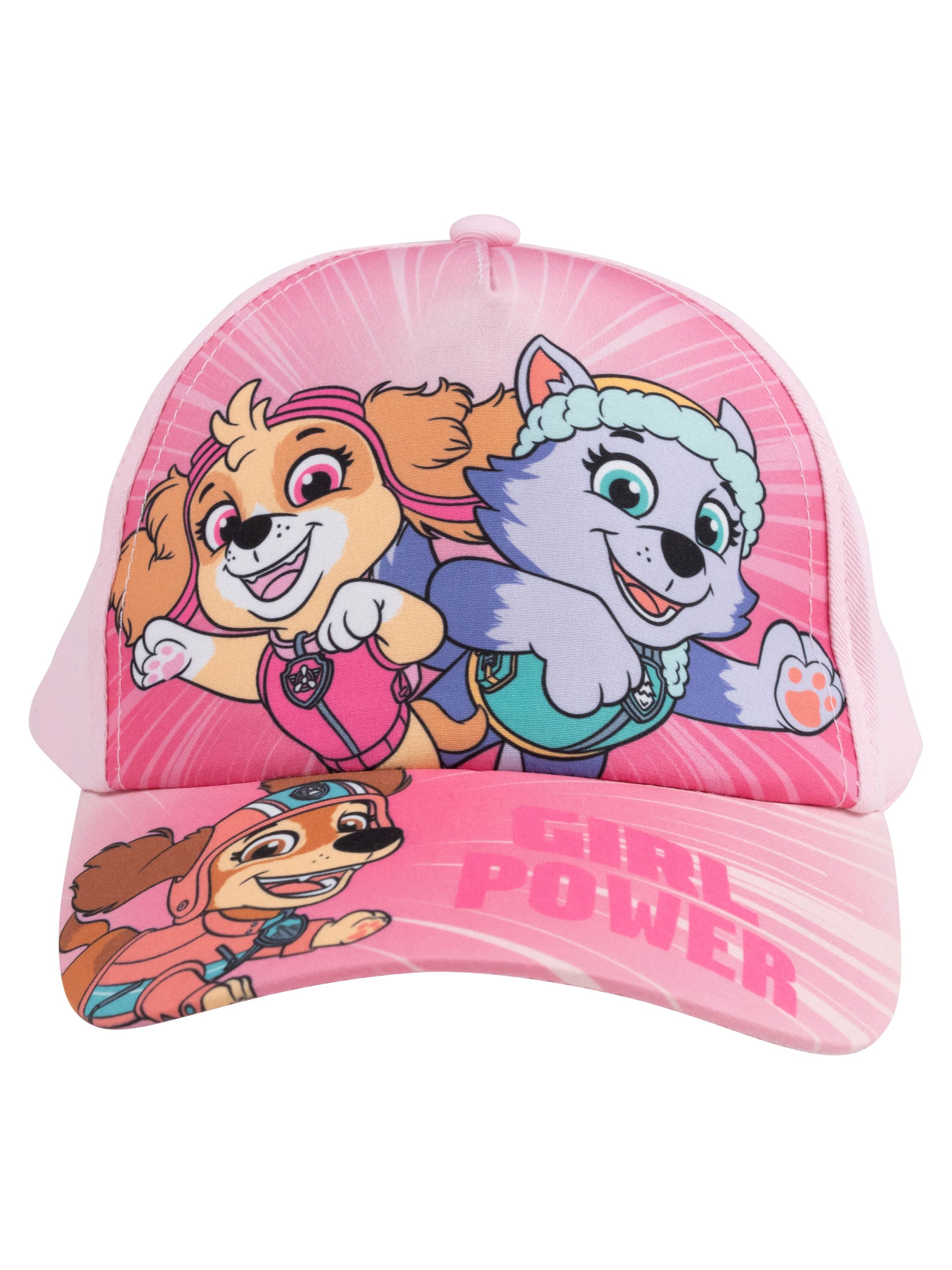 Eine rosa Kappe mit Paw Patrol-Charakteren wird angezeigt. Die Kappe hat einen gebogenen Schirm mit dem Wort GIRL POWER.