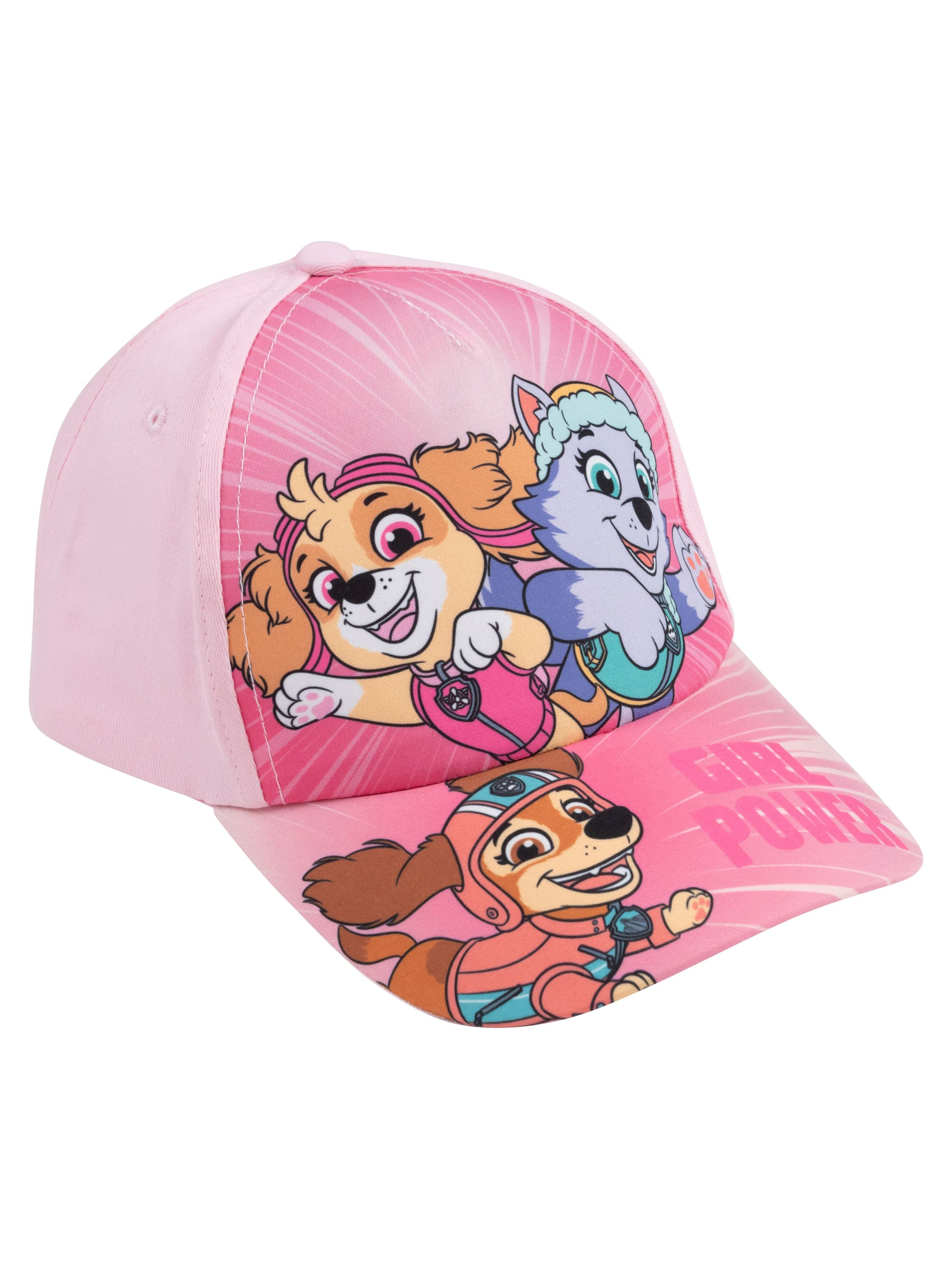 Eine rosa Kappe mit Paw Patrol-Charakteren wird angezeigt. Die Kappe hat einen gebogenen Schirm mit dem Wort GIRL POWER.