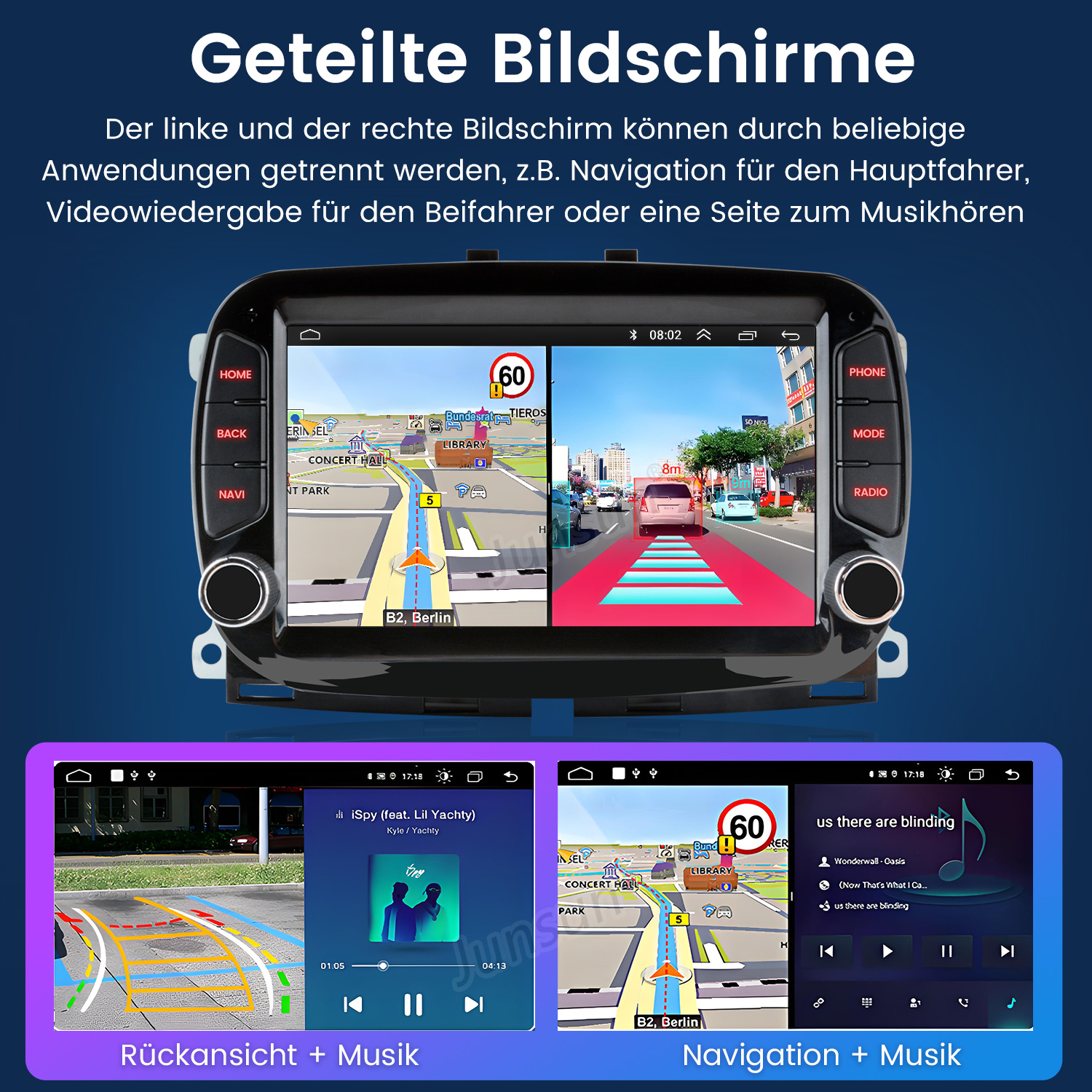 Auto-Bildschirm mit Navigations- und Musik-Apps. Der Bildschirm ist in zwei Bereiche mit verschiedenen Funktionen unterteilt.