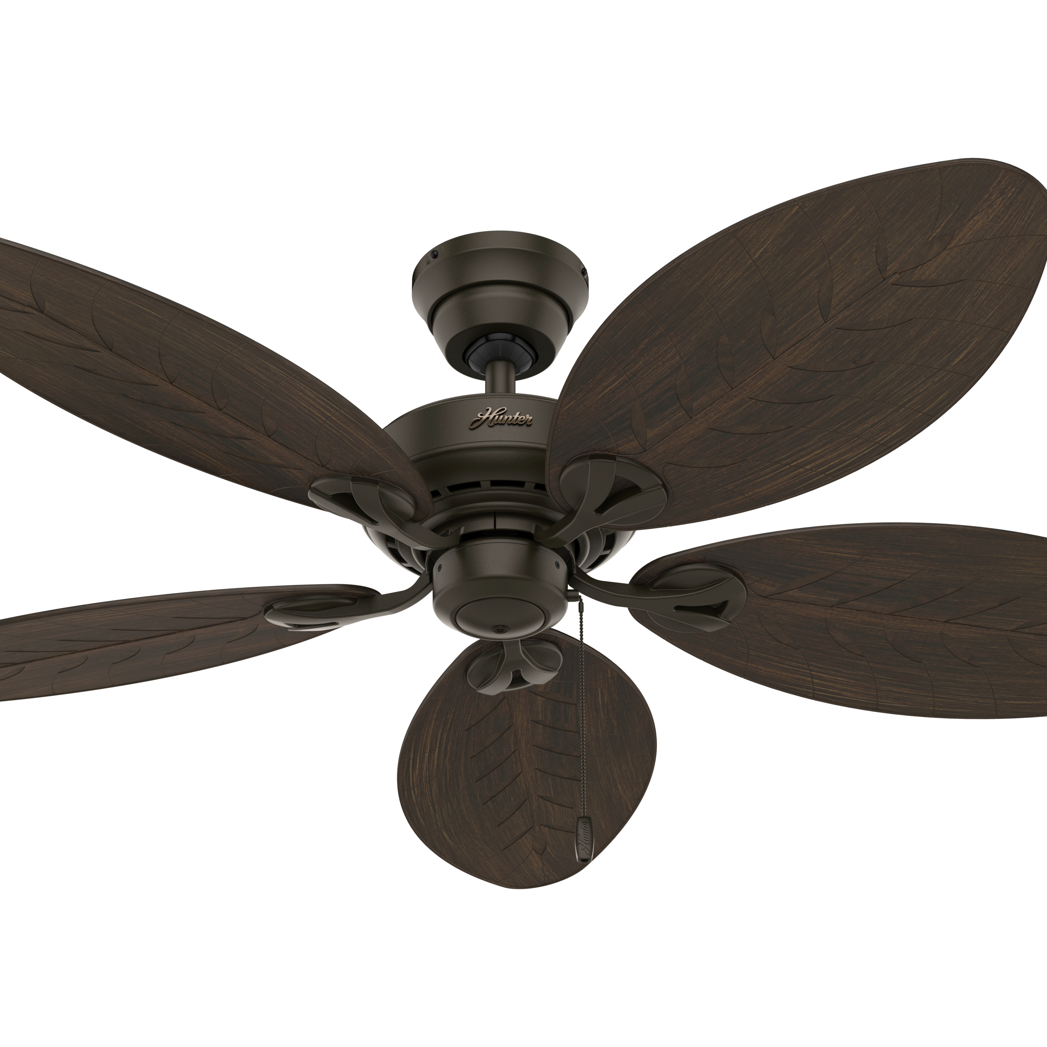 Ein Deckenventilator mit fünf dunklen Holzblättern und einem dunkelbraunen Motor, vor weißem Hintergrund.