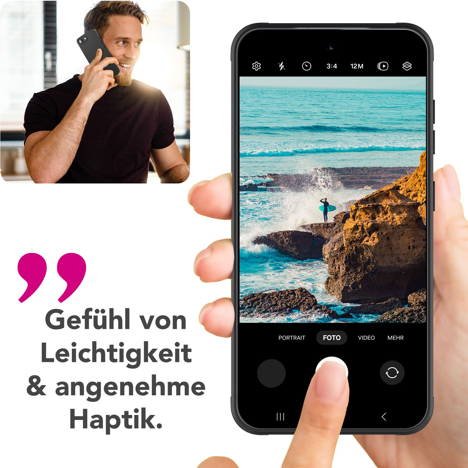 Uomo al telefono, schermo del telefono mostra foto di persona con tavola da surf su spiaggia rocciosa con oceano.