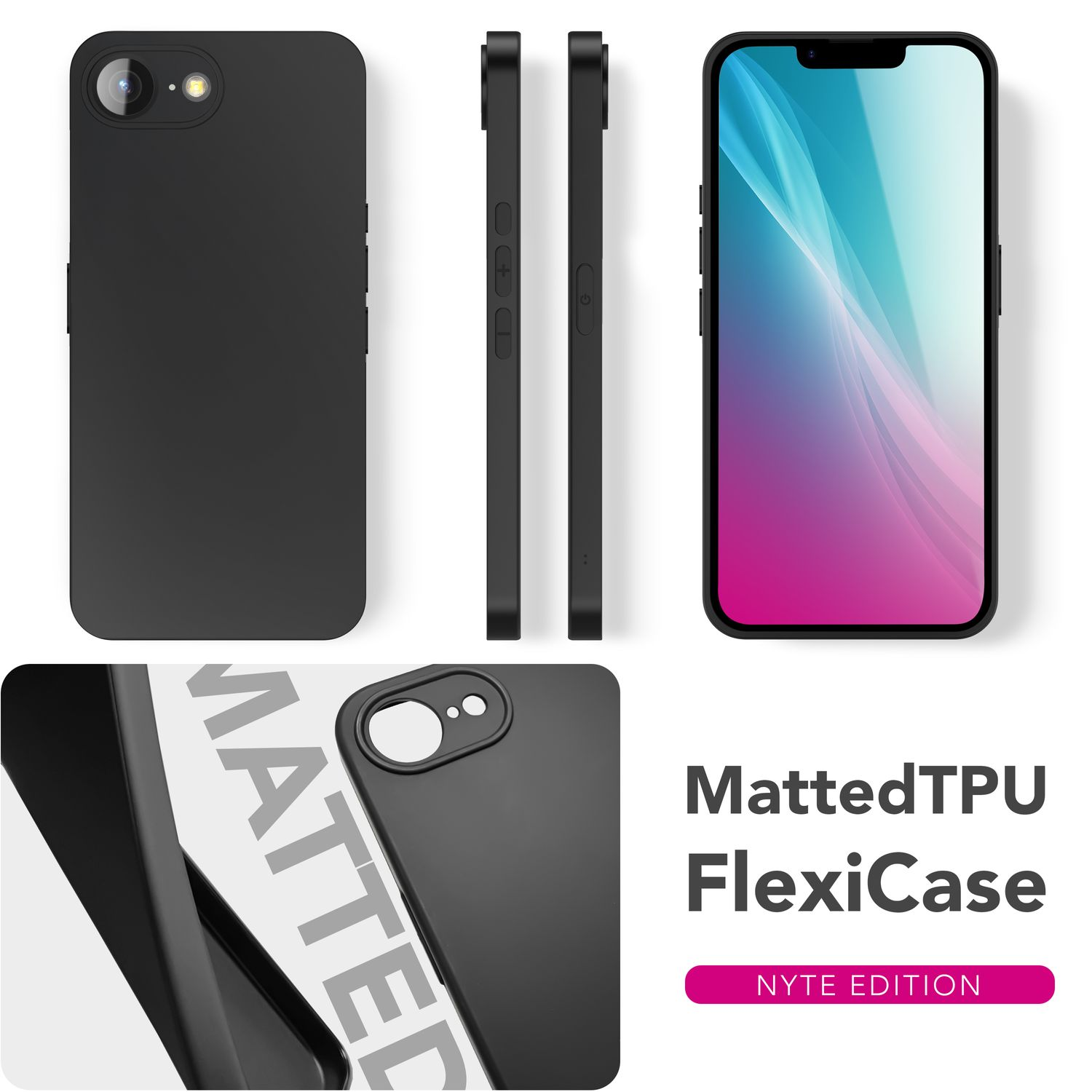 Multiple viste di una custodia per telefono nera e di un telefono, con testo sulle caratteristiche della custodia.