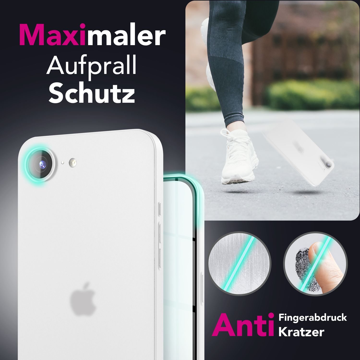 Ein Bild zeigt ein weißes Telefon mit Hülle und Text, sowie zwei Kreise und einen Fingerabdruck rechts unten.