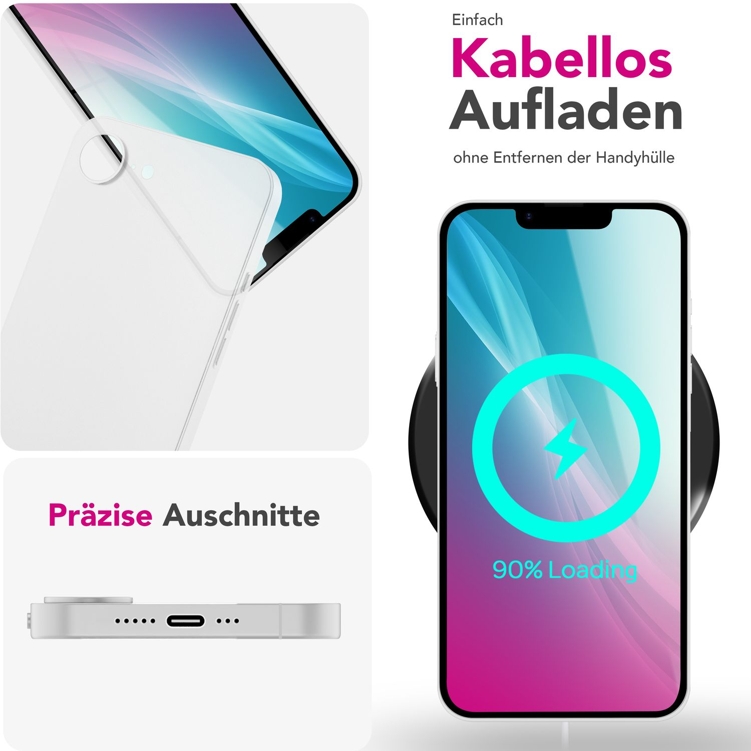 Ein Bild zeigt ein Telefon mit kabellosem Ladegerät. Der Text zeigt 90 % Ladung an, mit präzisen Ausschnitten.
