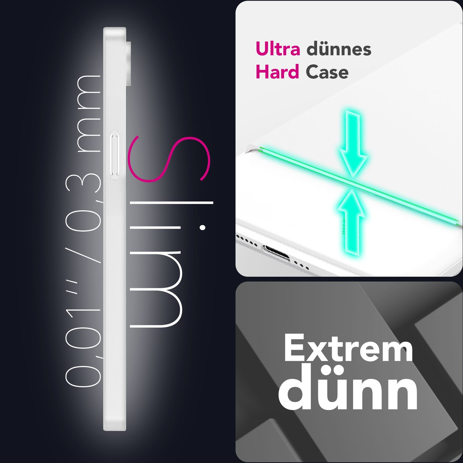Ein Bild zeigt die Seitenansicht einer weißen Handyhülle mit dem Text 'Slim' und Maßen in mm. Auch 'Ultra dünnes Hard Case'.