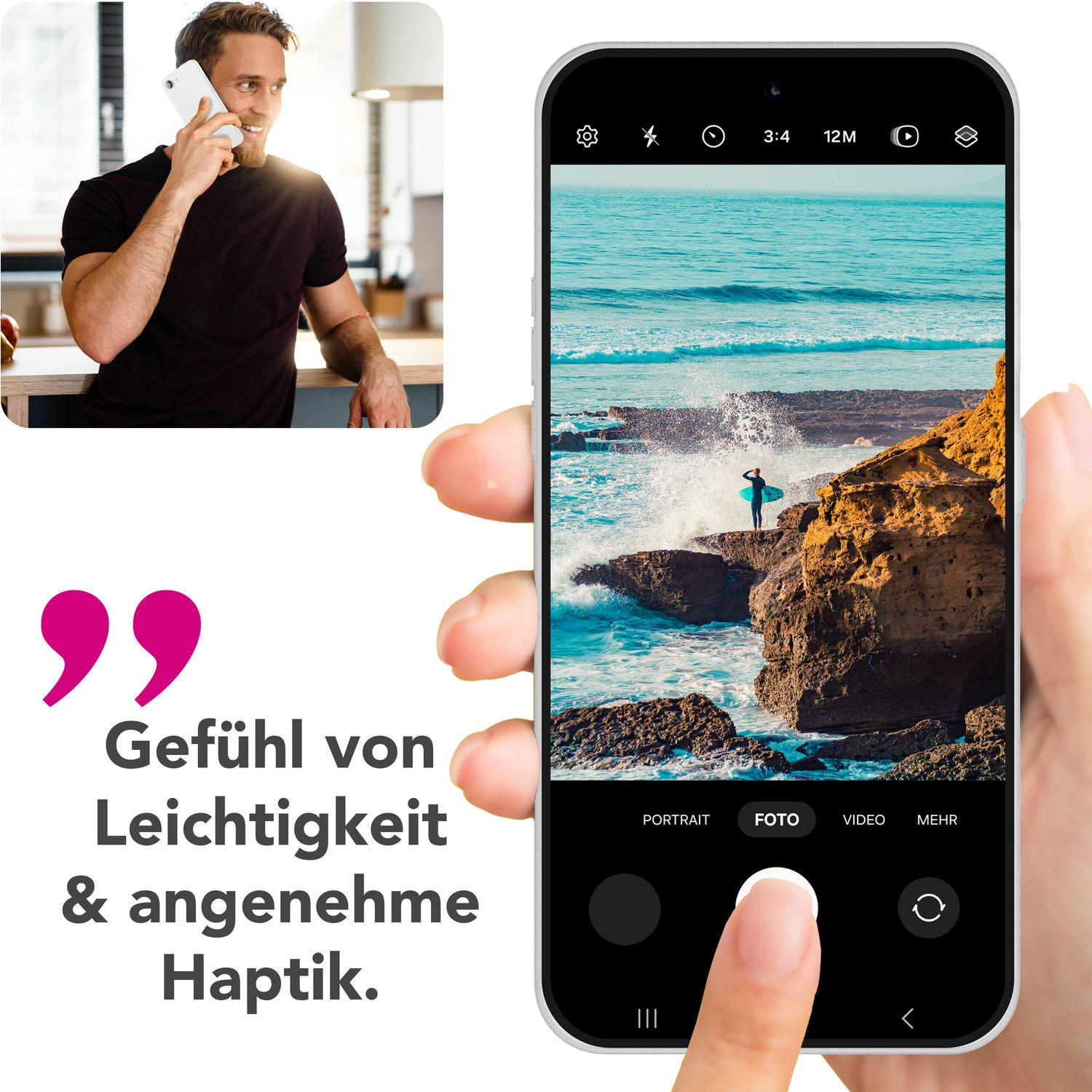 Eine Person telefoniert mit einem Telefon in der Hand, auf dem Bildschirm ein Foto eines Strandes.