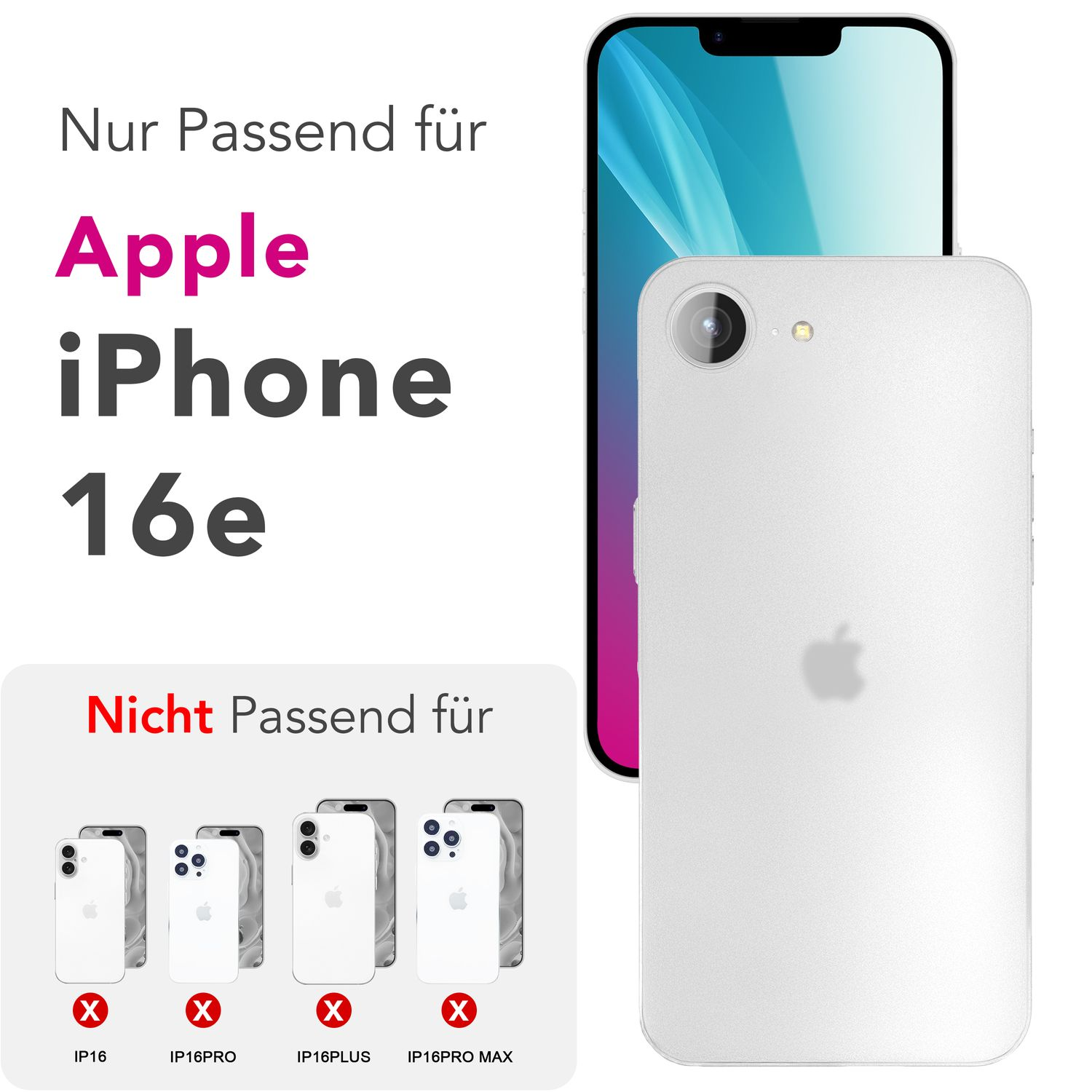 Ein iPhone 16e und eine Rückseite. Text: 'Nur Passend für Apple iPhone 16e'.
