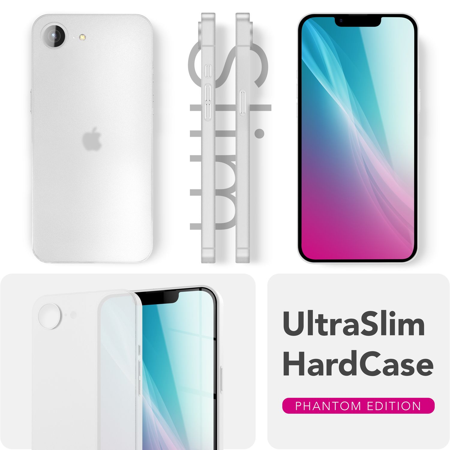 Ein Bild zeigt ein weißes Telefon aus verschiedenen Perspektiven. Der Text 'UltraSlim HardCase' und 'Phantom Edition' sind ebenfalls sichtbar.