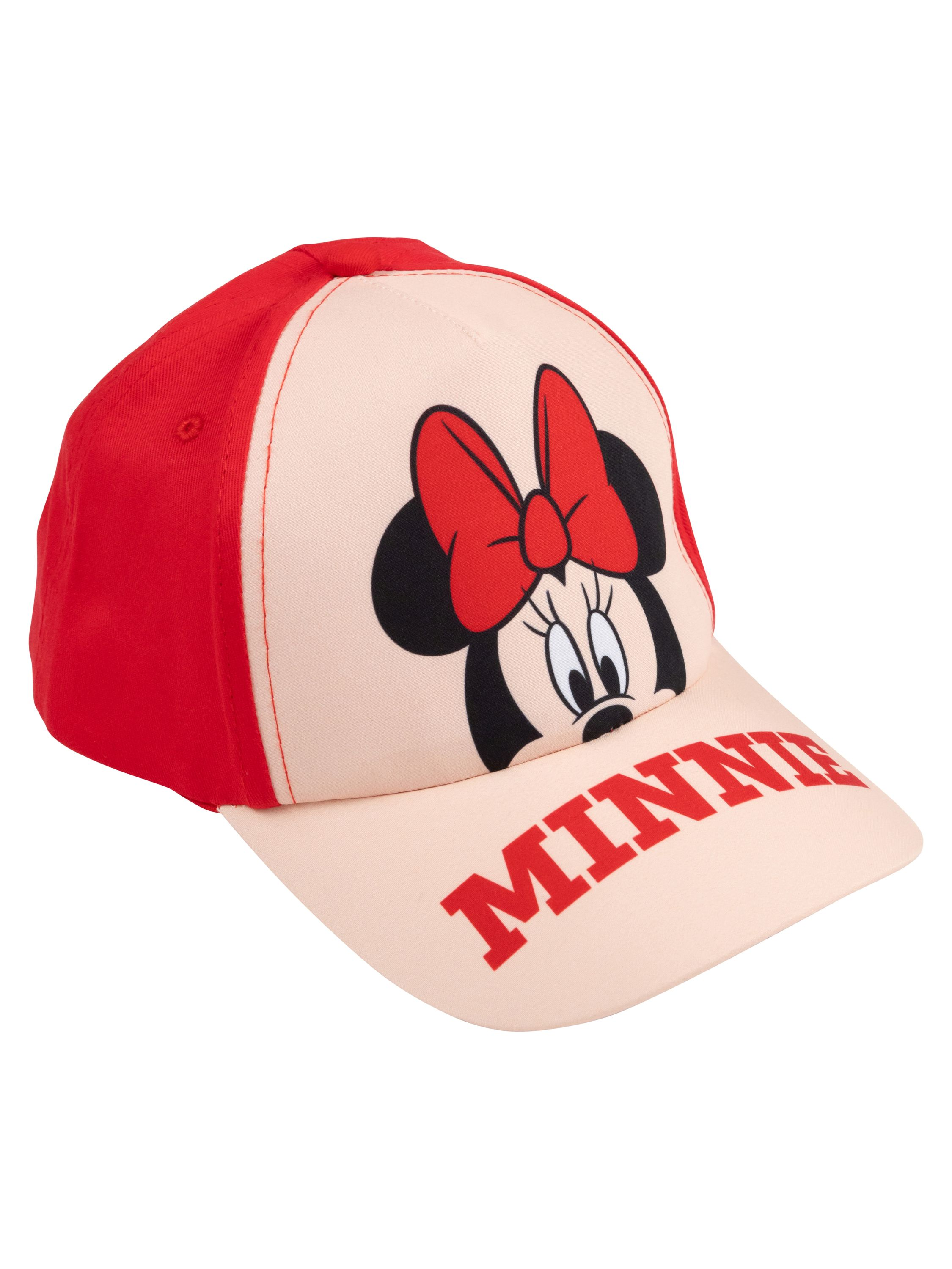 Minnie-Mouse-Baseballkappe, rot und beige.