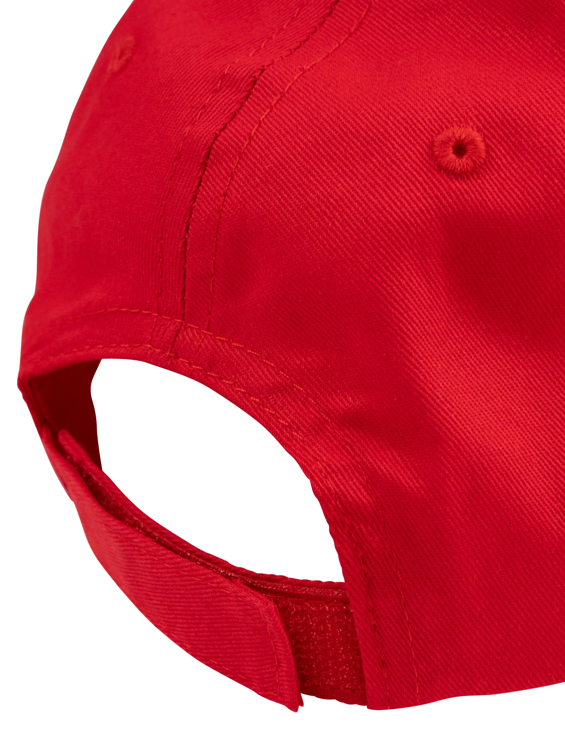Rote Baseballkappe mit gebogenem Schirm und verstellbarem Riemen hinten.