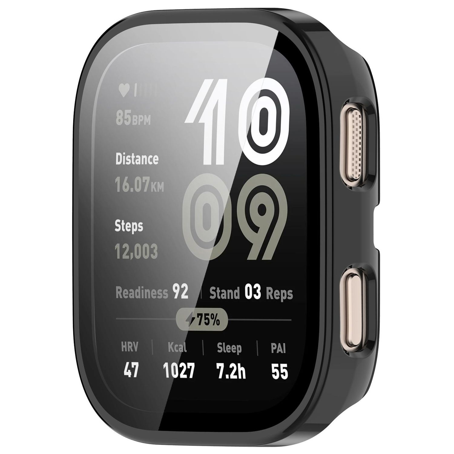 Schwarze Smartwatch zeigt Zeit, Statistiken und Gesundheitsdaten. Zwei Knöpfe sind an der Seite.