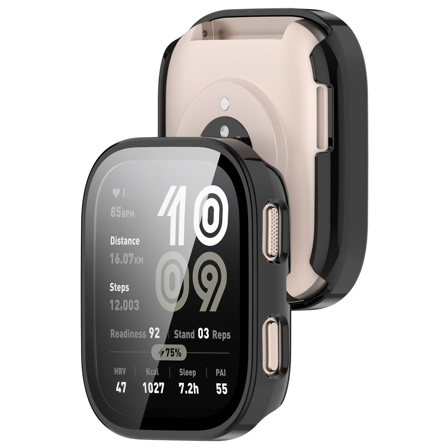 Smartwatch mit schwarzem Gehäuse, zeigt Gesundheitsmetriken: Herzfrequenz, Distanz, Schritte, Bereitschaft, Schlaf und PAI.