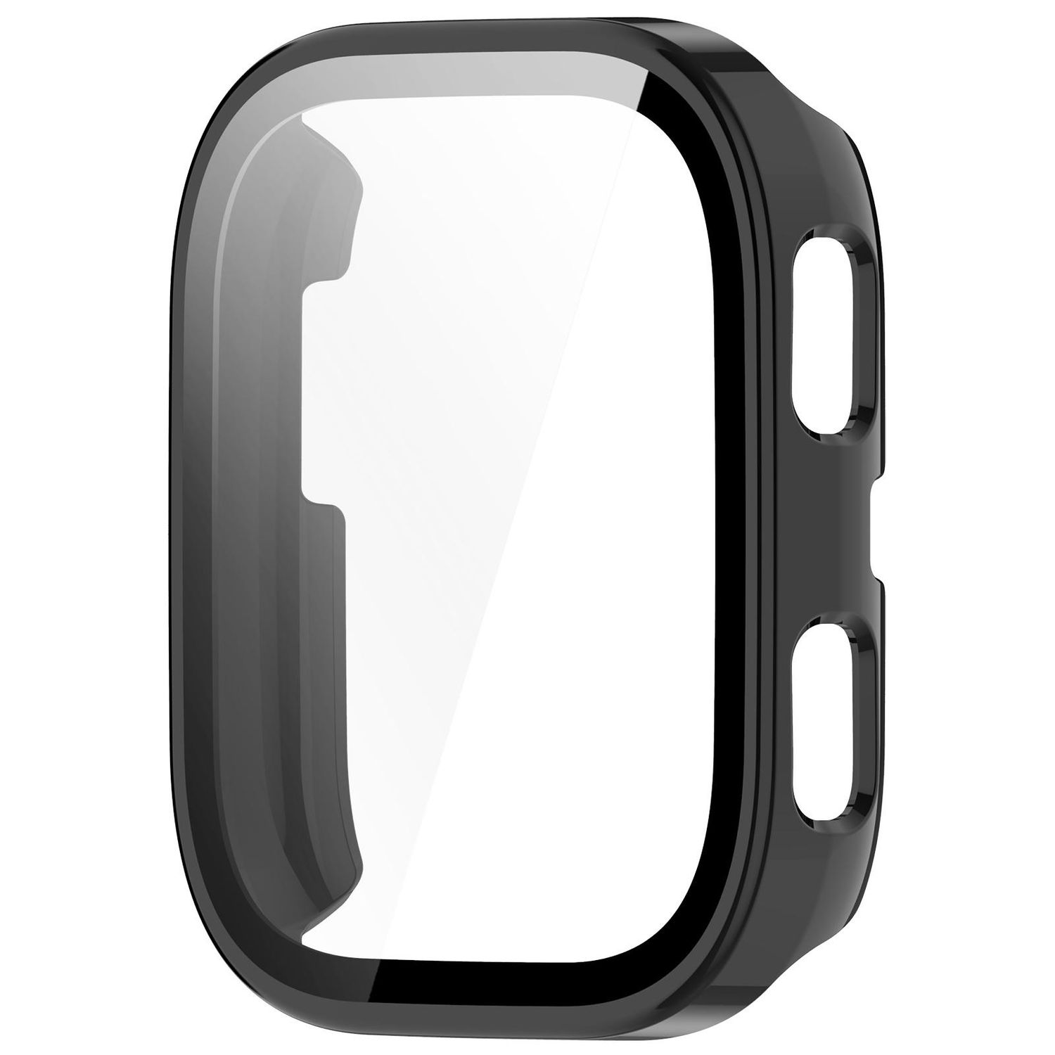 Schwarzes Smartwatch-Gehäuse mit transparentem Bildschirm. Hat Aussparungen für Knöpfe und Sensoren. Isoliert auf Weiß.