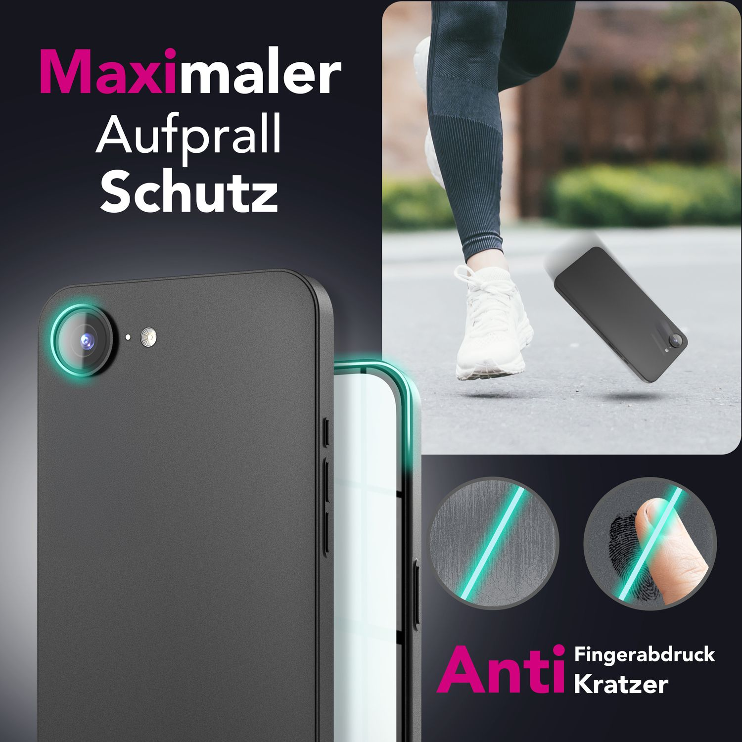 Schwarze Handyhülle mit Telefon und Grafik, die Fingerabdruck- und Kratzschutz zeigt.