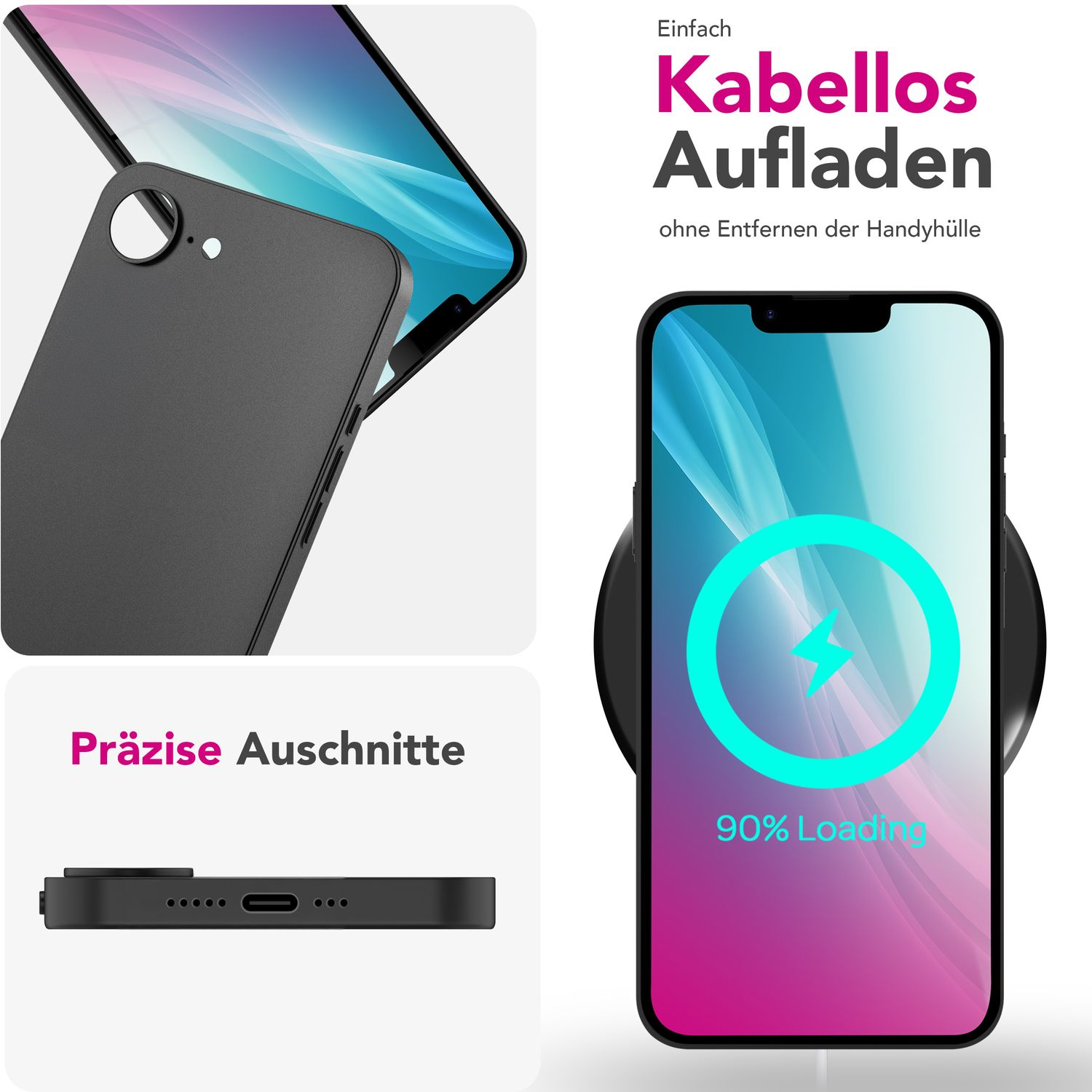 Ein Telefon und eine Hülle werden auf einem kabellosen Ladepad angezeigt. Telefon zeigt 90% Ladung.