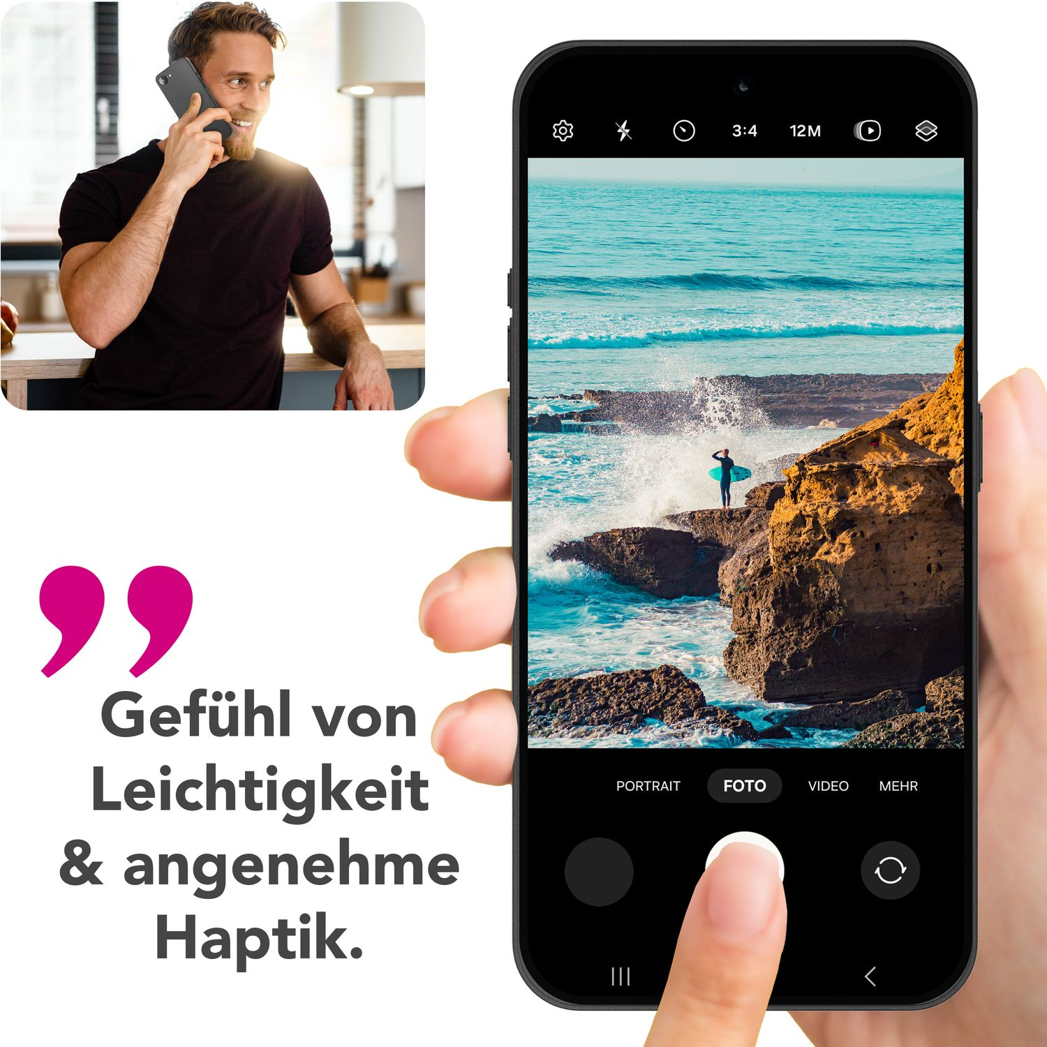 Mann telefoniert, Telefon zeigt Foto von Ozean und Felsen.