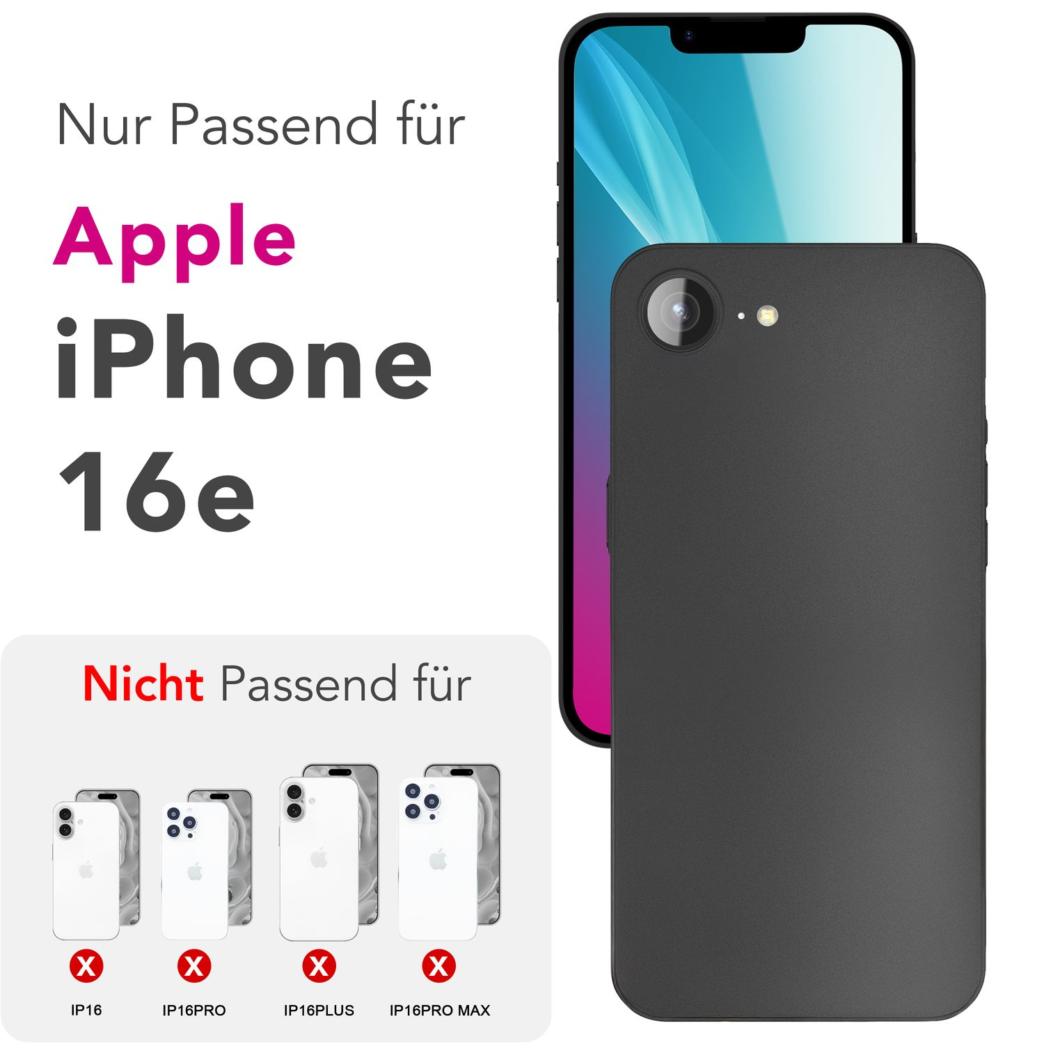 Schwarze Handyhülle neben einem iPhone, mit einer Liste von Handys, für die sie nicht passt.