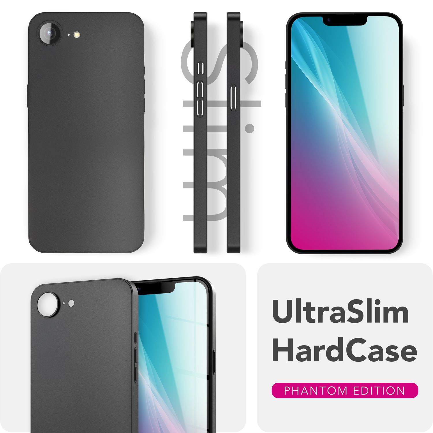 Schwarzes Smartphone mit verschiedenen Ansichten und Text UltraSlim HardCase.