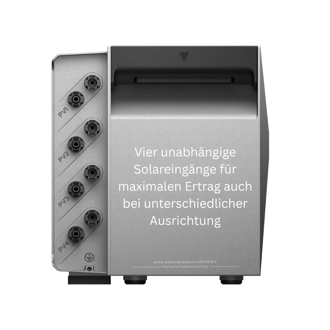 Graues Solarpanelgerät mit mehreren Eingängen. Text: "Vier unabhängige Solareingänge".