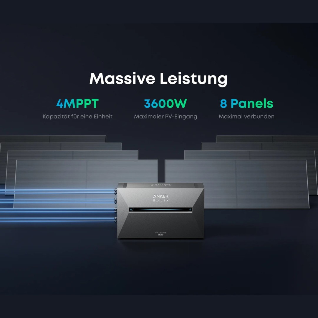 Anker SOLIX Solarmodulsystem, mit Paneelen dahinter und Text-Overlay, dunkler Hintergrund.