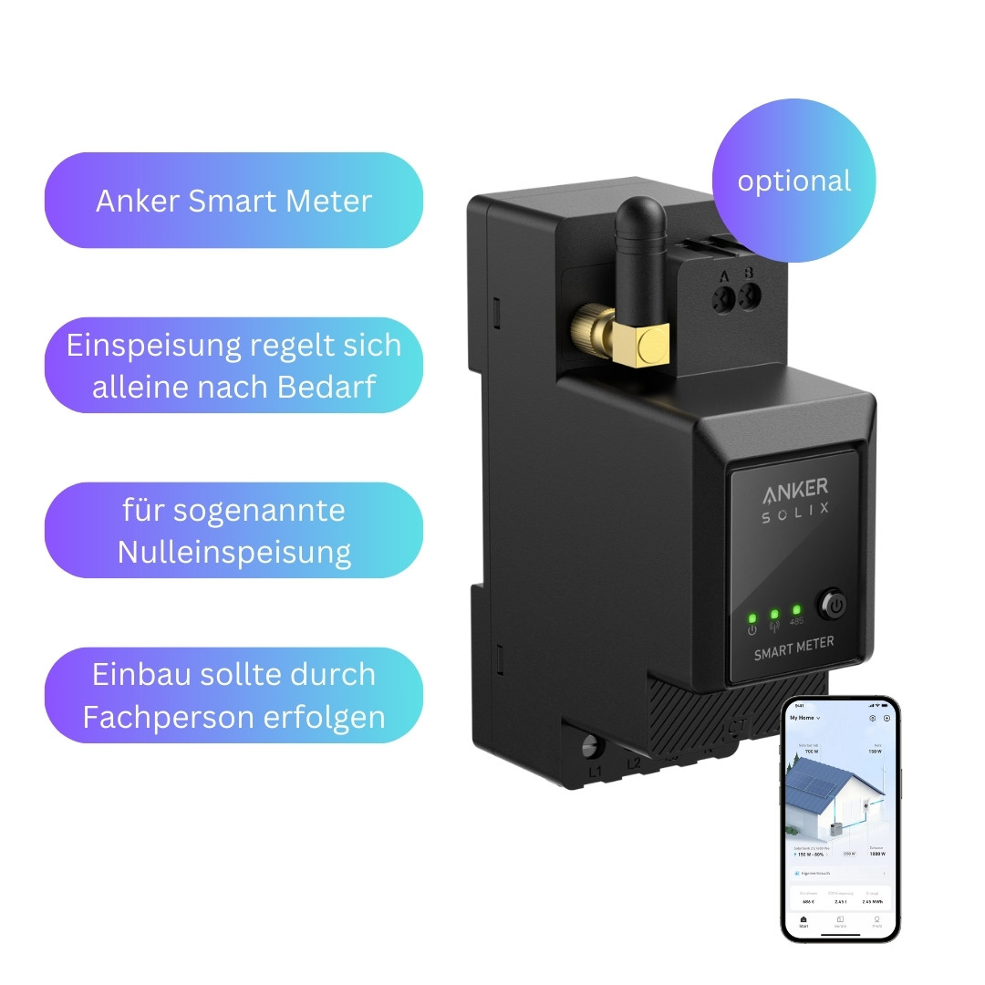 Schwarzes Smart-Meter-Gerät mit Display und daneben ein Telefon mit Energiedaten.