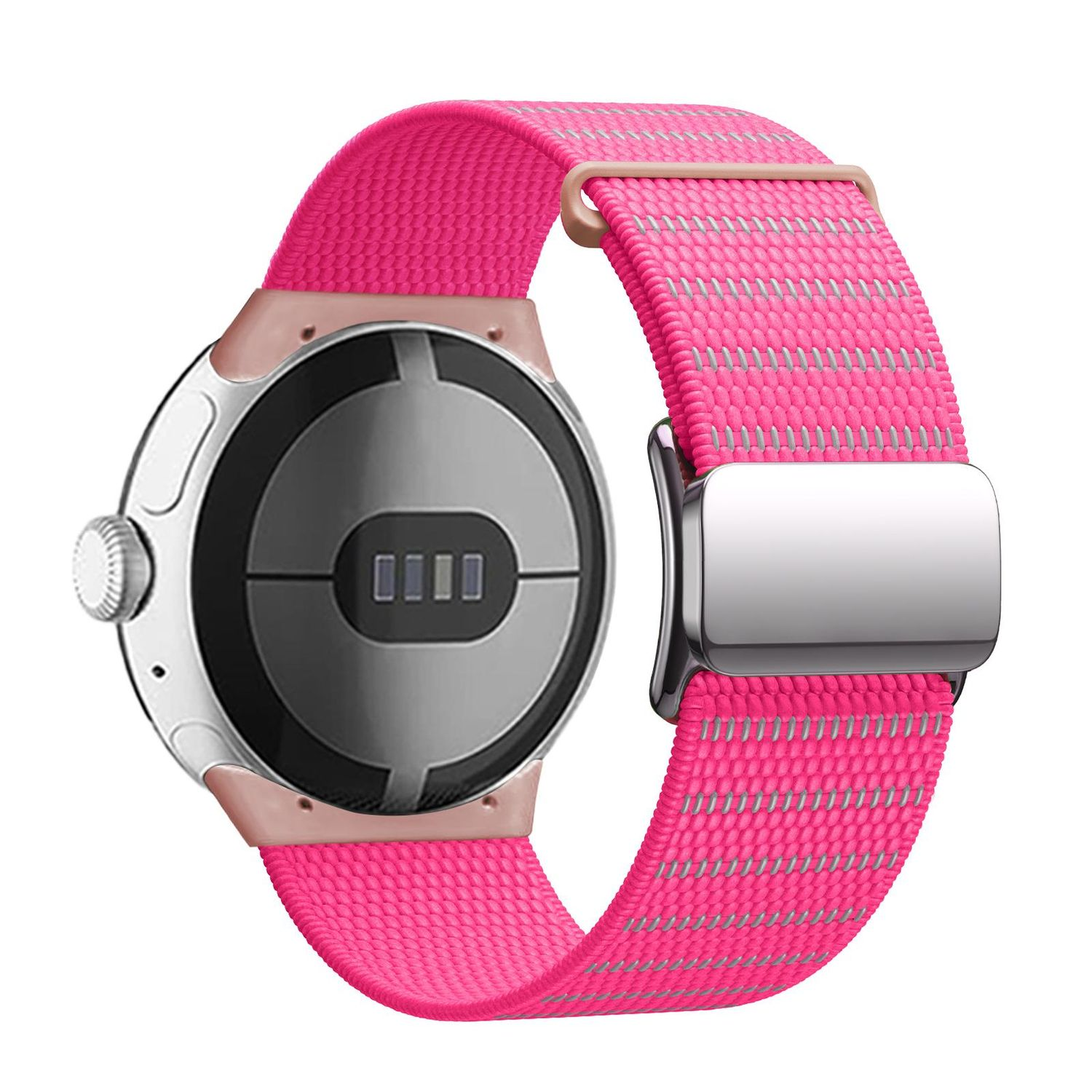 Smartwatch mit pinkfarbenem Armband, von hinten gesehen mit Sensor und Ladegerät.