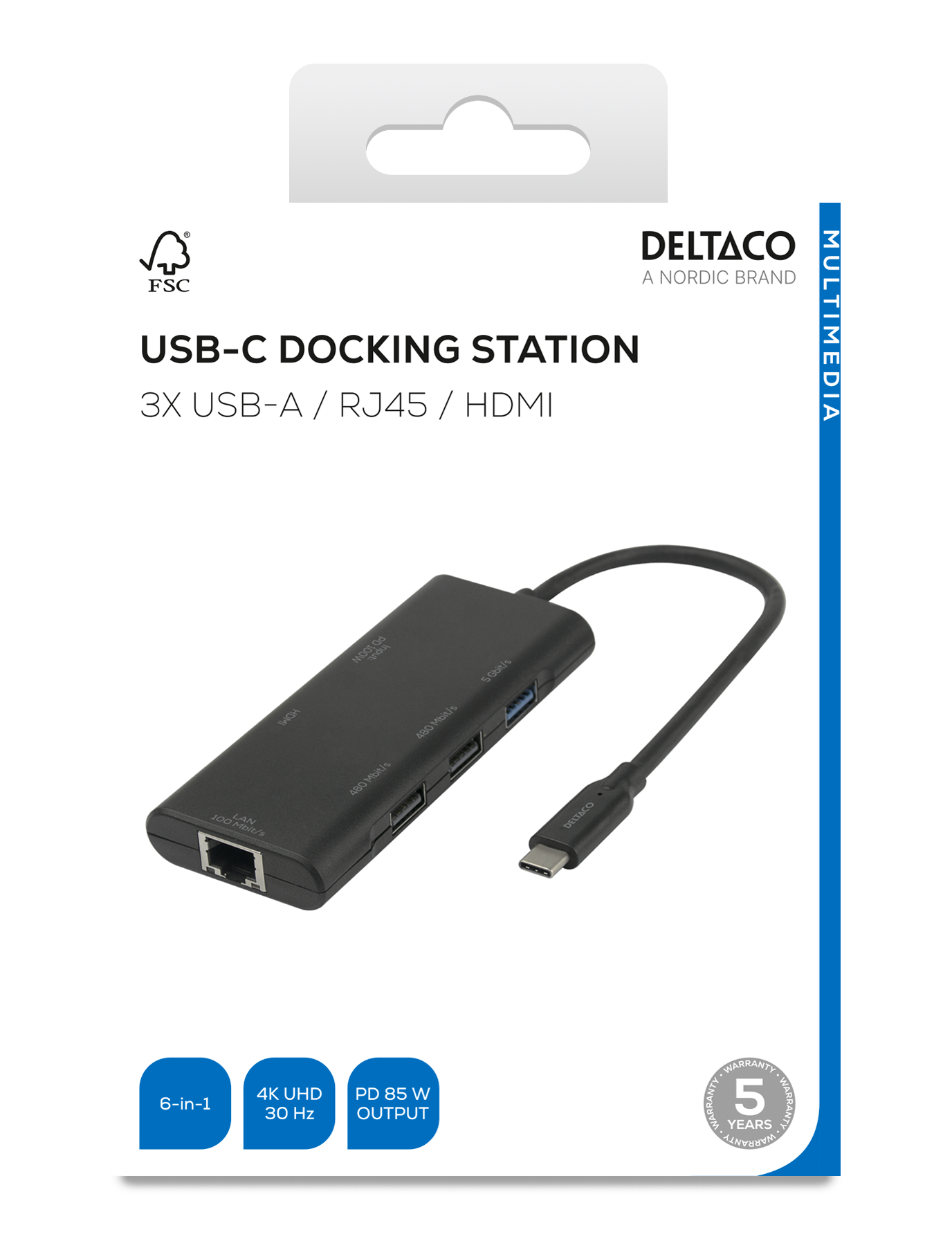 Dockingstation in einer Box mit USB-C, USB-A, RJ45- und HDMI-Anschlüssen.