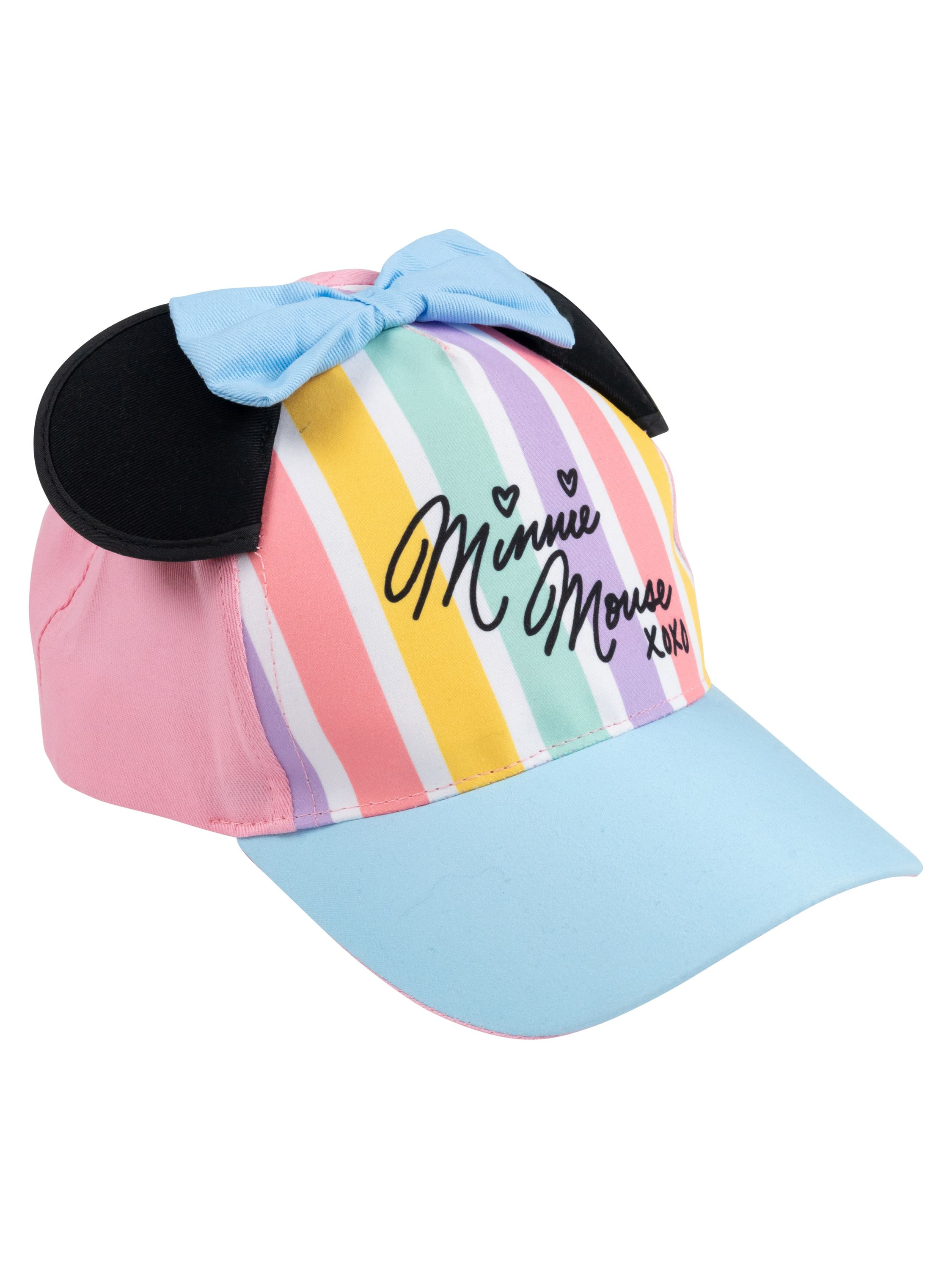 Minnie Mouse Kappe mit bunten Streifen, schwarzen Ohren und einer hellblauen Schleife.