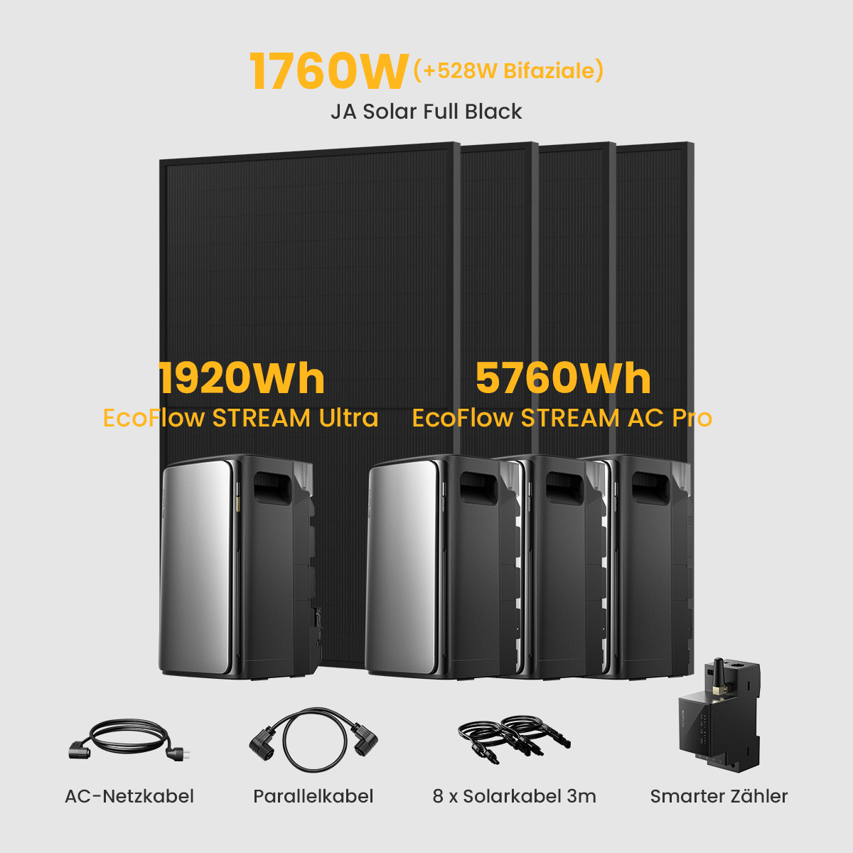Solarmodule, zwei silberne Einheiten und Zubehör, mit Text zu Leistung und Modelldetails.
