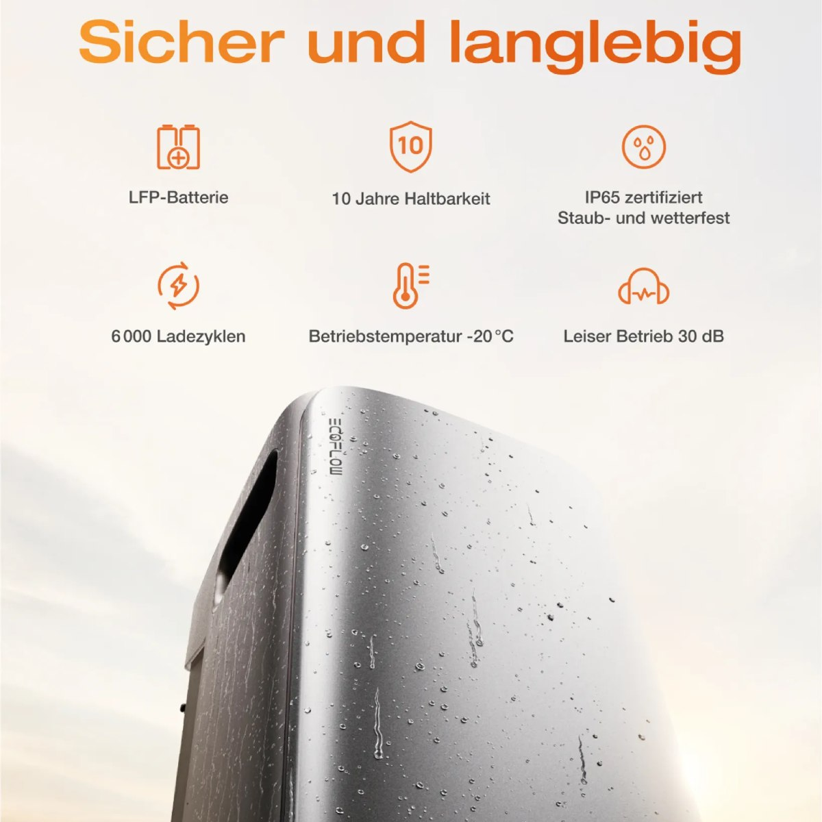 Silbernes Gerät mit Symbolen zu Akkulaufzeit, Temperatur und Ladezyklen. Text über Haltbarkeit.