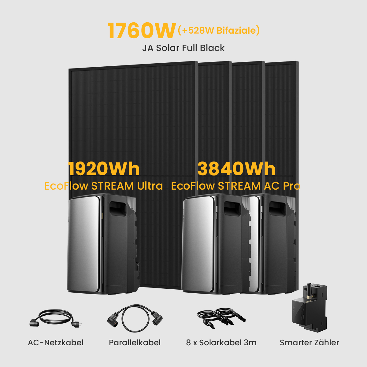 Solarmodule, zwei silberne Einheiten und Zubehör. Text enthält Leistung und Modelldetails.