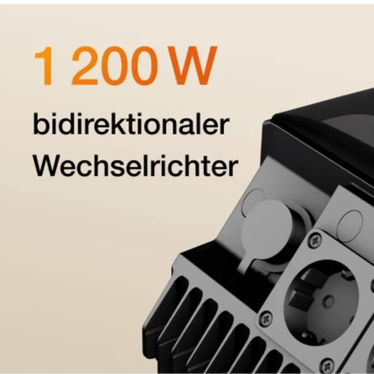 Nahaufnahme eines schwarzen Geräts mit orangenem Text, der 1200W und einen bidirektionalen Wechselrichter angibt.
