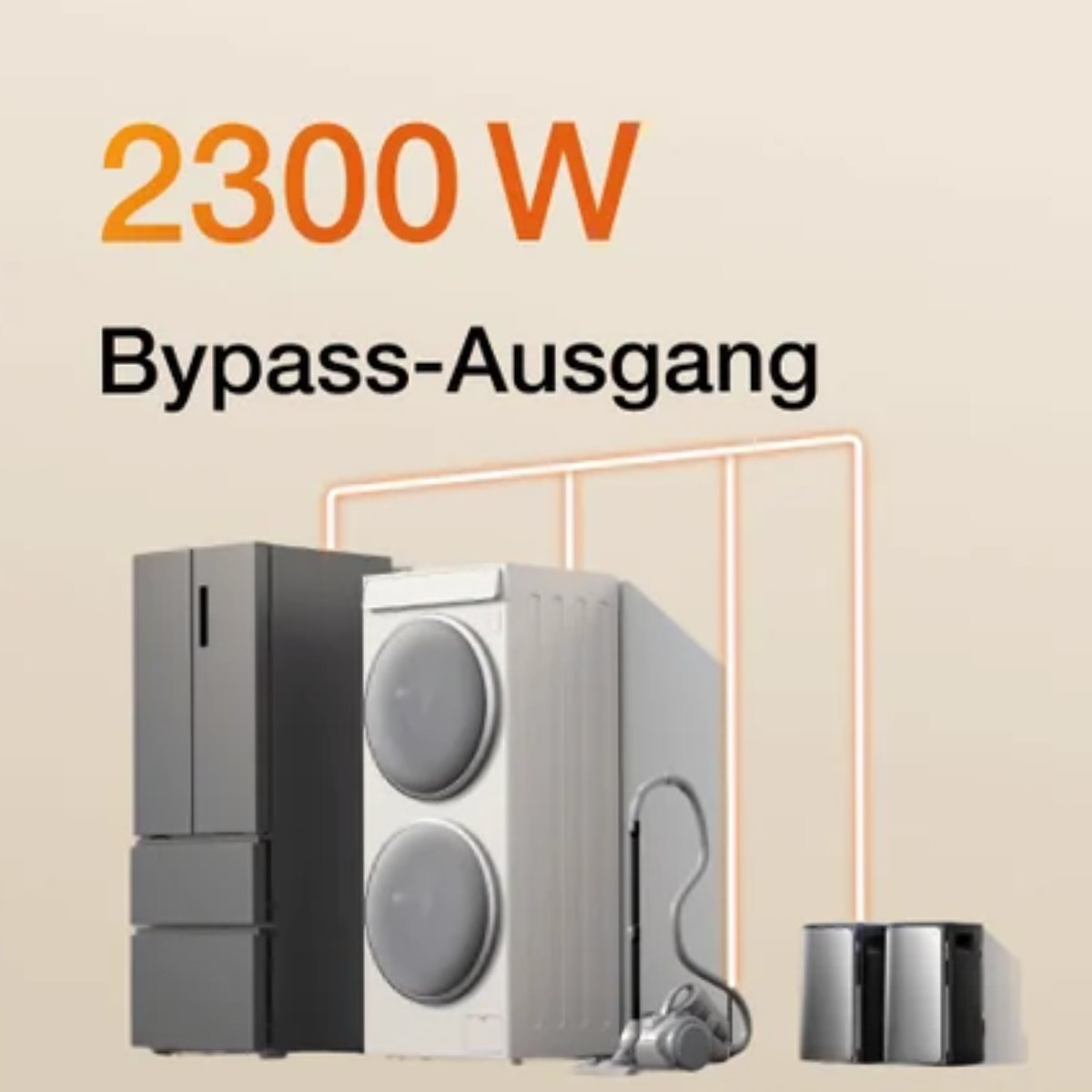 Eine Abbildung eines Geräts mit Textüberlagerung von 2300W und Bypass-Ausgang.