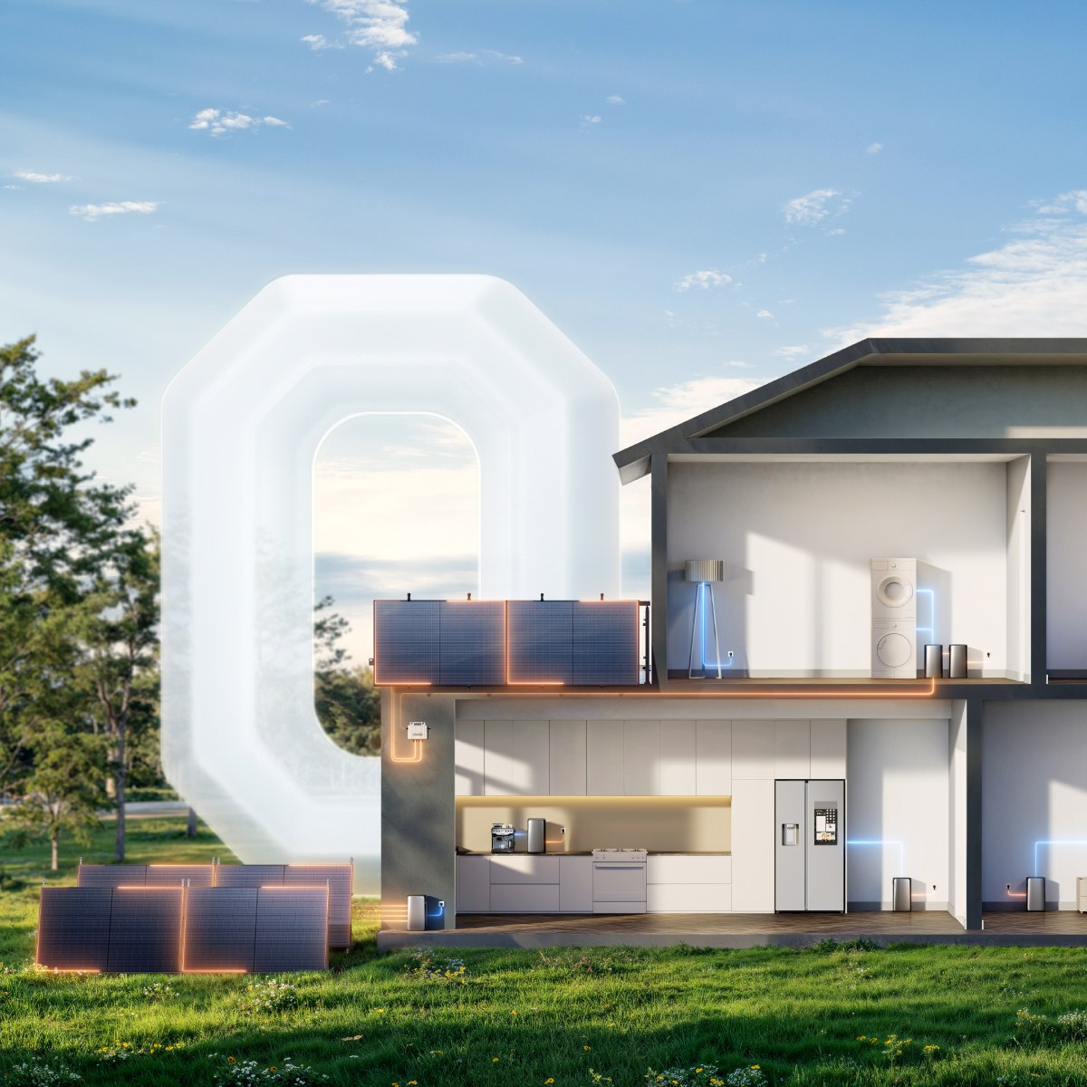 Schnitt durch ein Haus mit Solarmodulen, Geräten und einem hellen Logo am Himmel.
