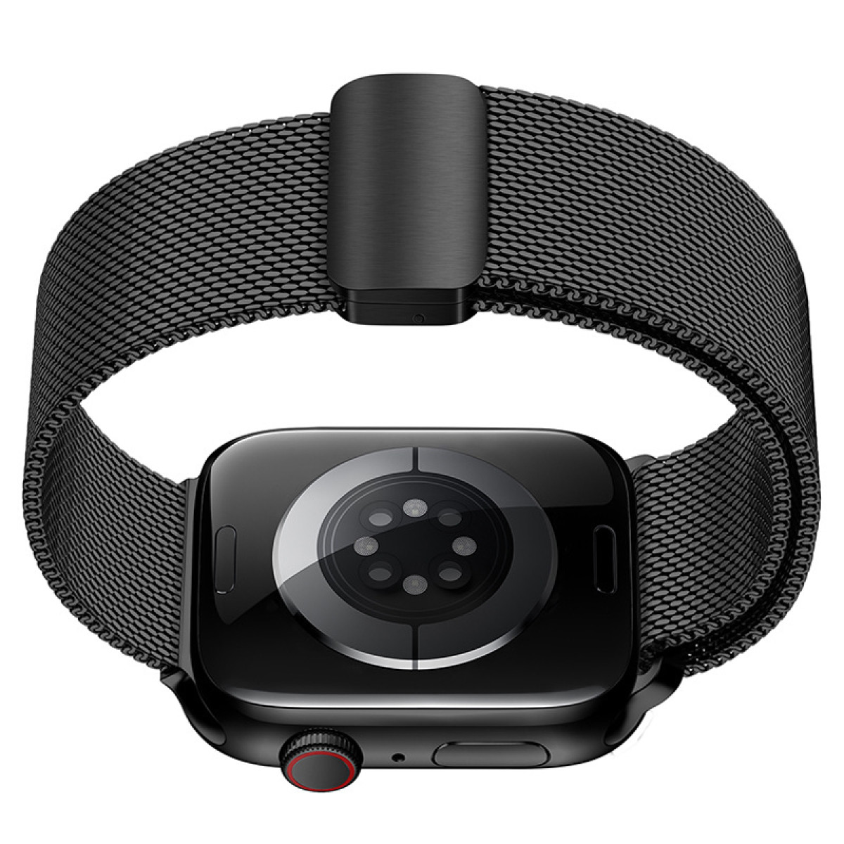 Eine schwarze Smartwatch mit einem schwarzen Metallband. Die Uhr ist von hinten zu sehen.