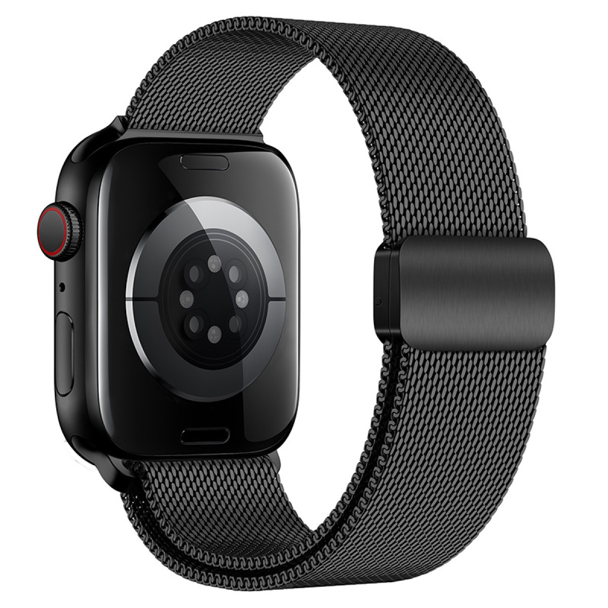 Eine schwarze Smartwatch mit einem schwarzen Metallband. Die Uhr ist von der Seite zu sehen.