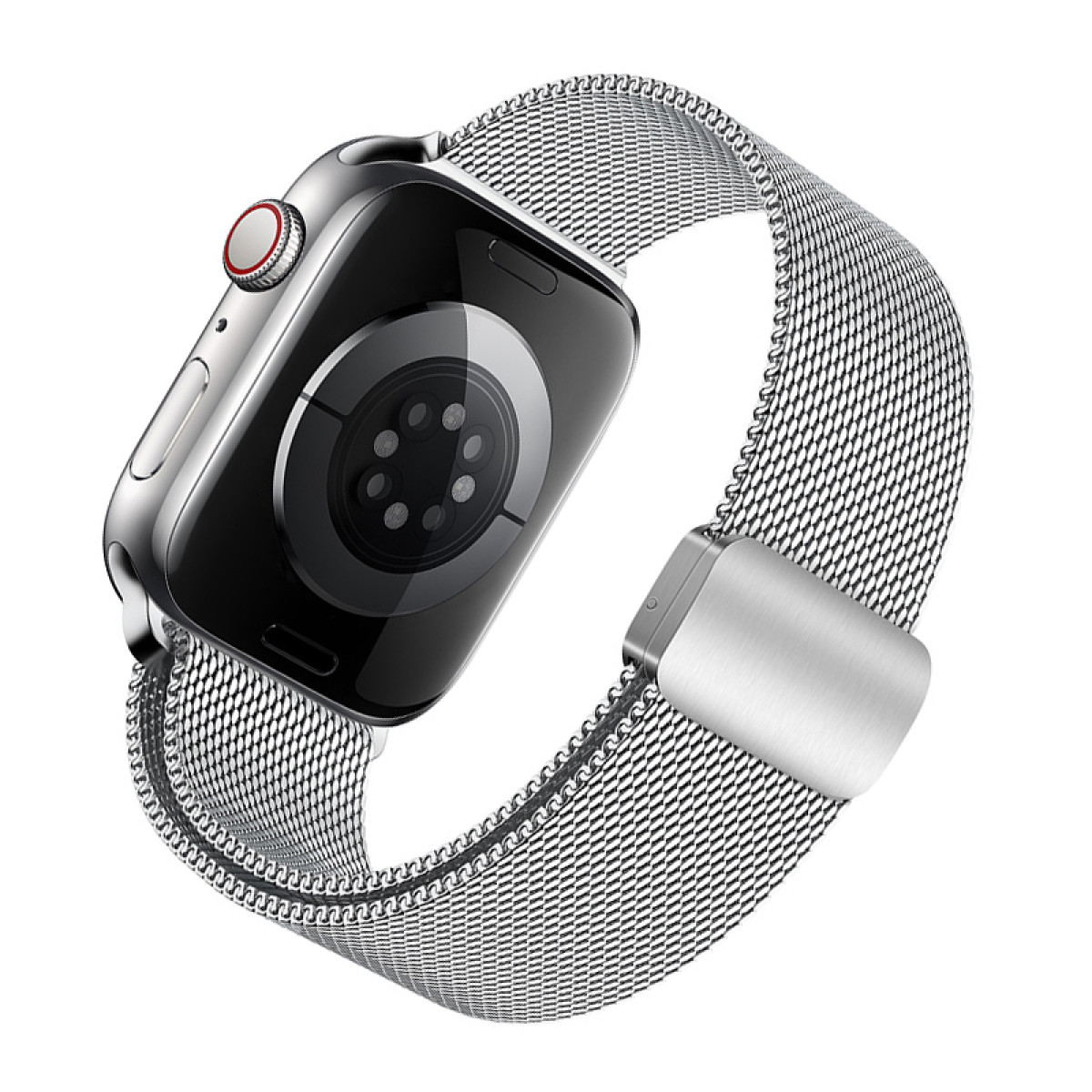 Silberne Apple Watch mit silbernem Metallgeflechtarmband. Die Uhr befindet sich auf weißem Hintergrund.