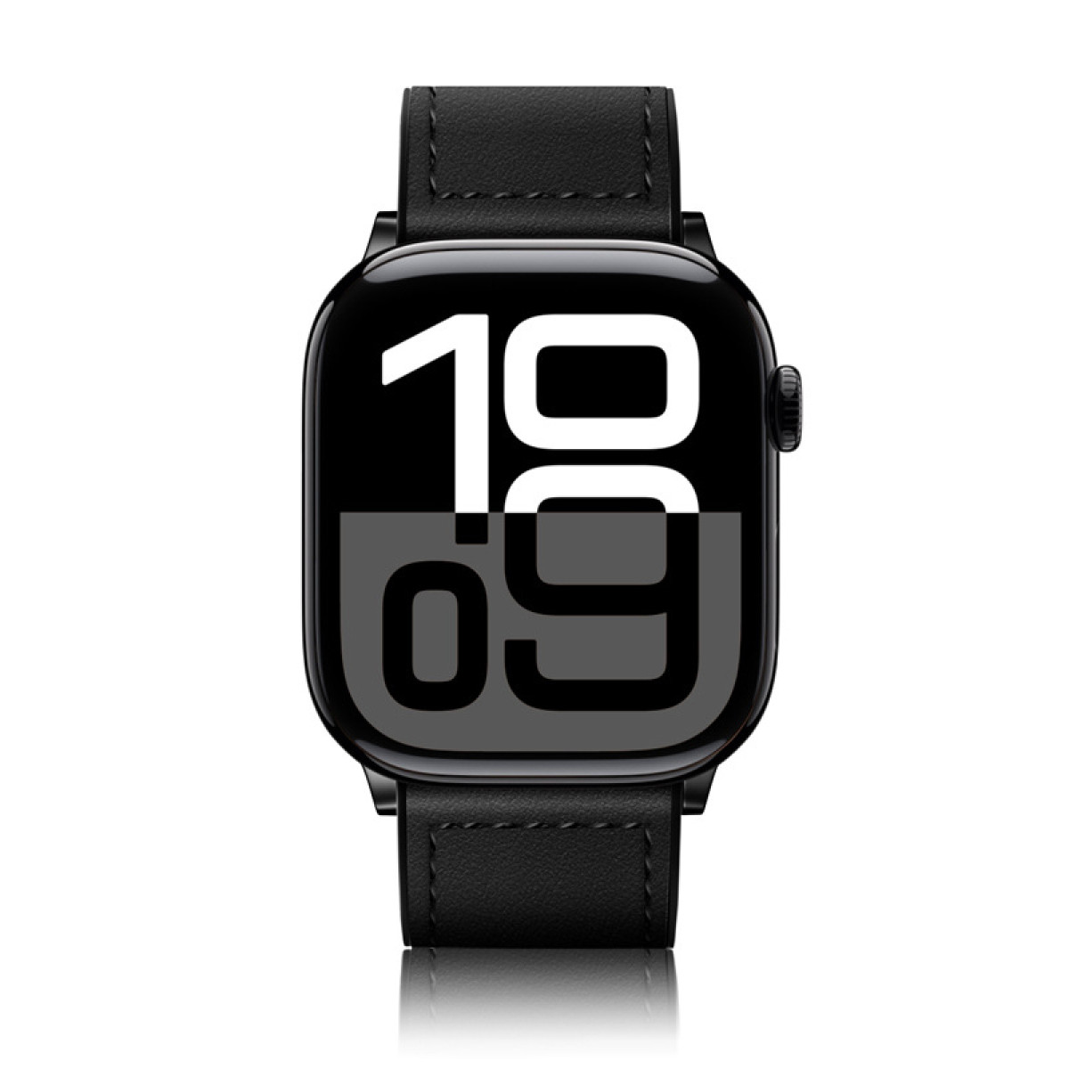 Schwarze Smartwatch, Vorderansicht, zeigt die Uhrzeit 10:09. Schwarzes Lederarmband ist angebracht.
