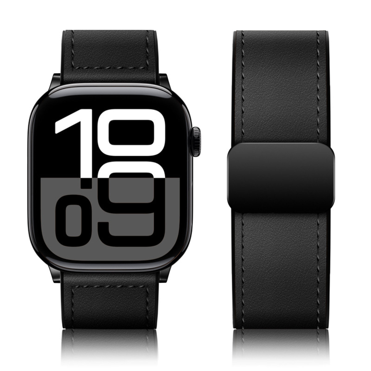 Smartwatch mit Lederarmband, zeigt die Uhrzeit. Daneben das Armband.