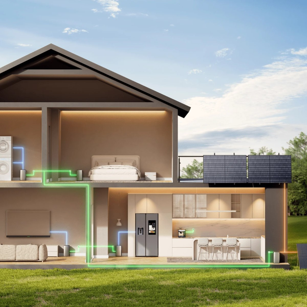 Haus-Schnitt, der Räume mit Geräten und Sonnenkollektoren auf dem Dach zeigt.