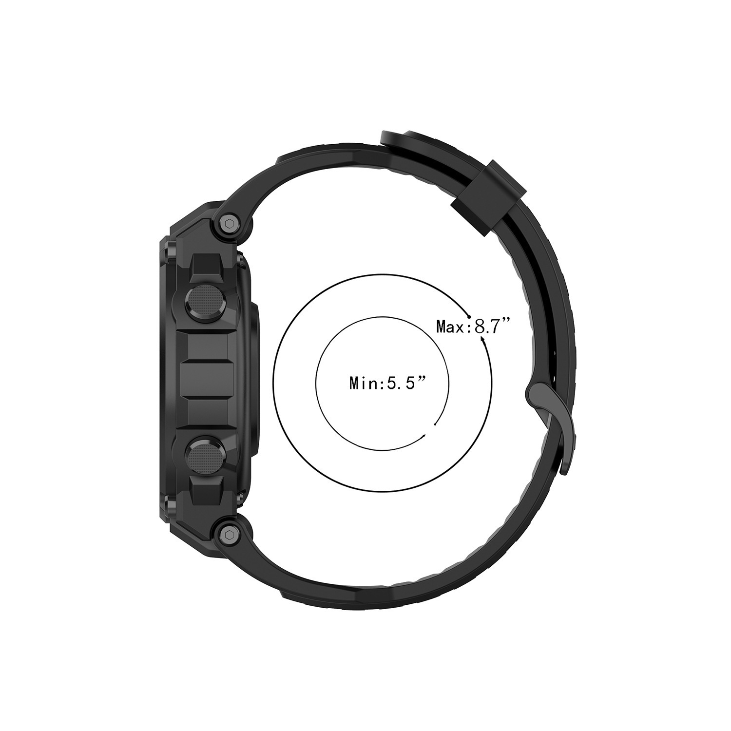 Vista laterale di uno smartwatch nero con cinturino nero. Il display mostra la misurazione.