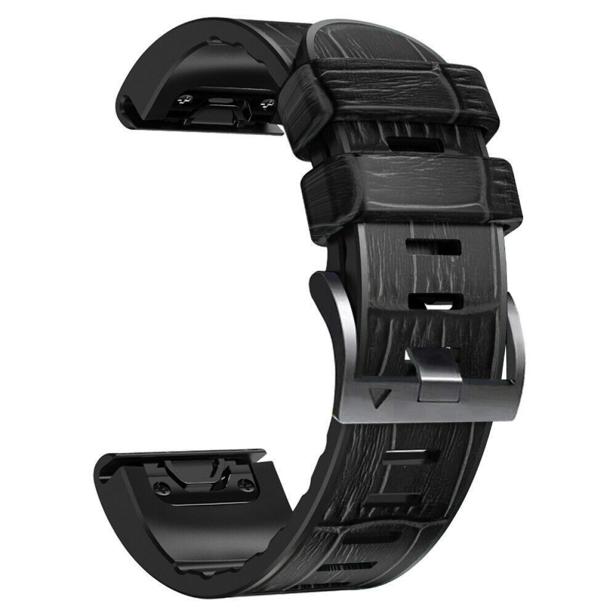 Ein schwarzes Uhrenarmband mit strukturierter Oberfläche und silberner Schnalle. Das Band ist detailliert.