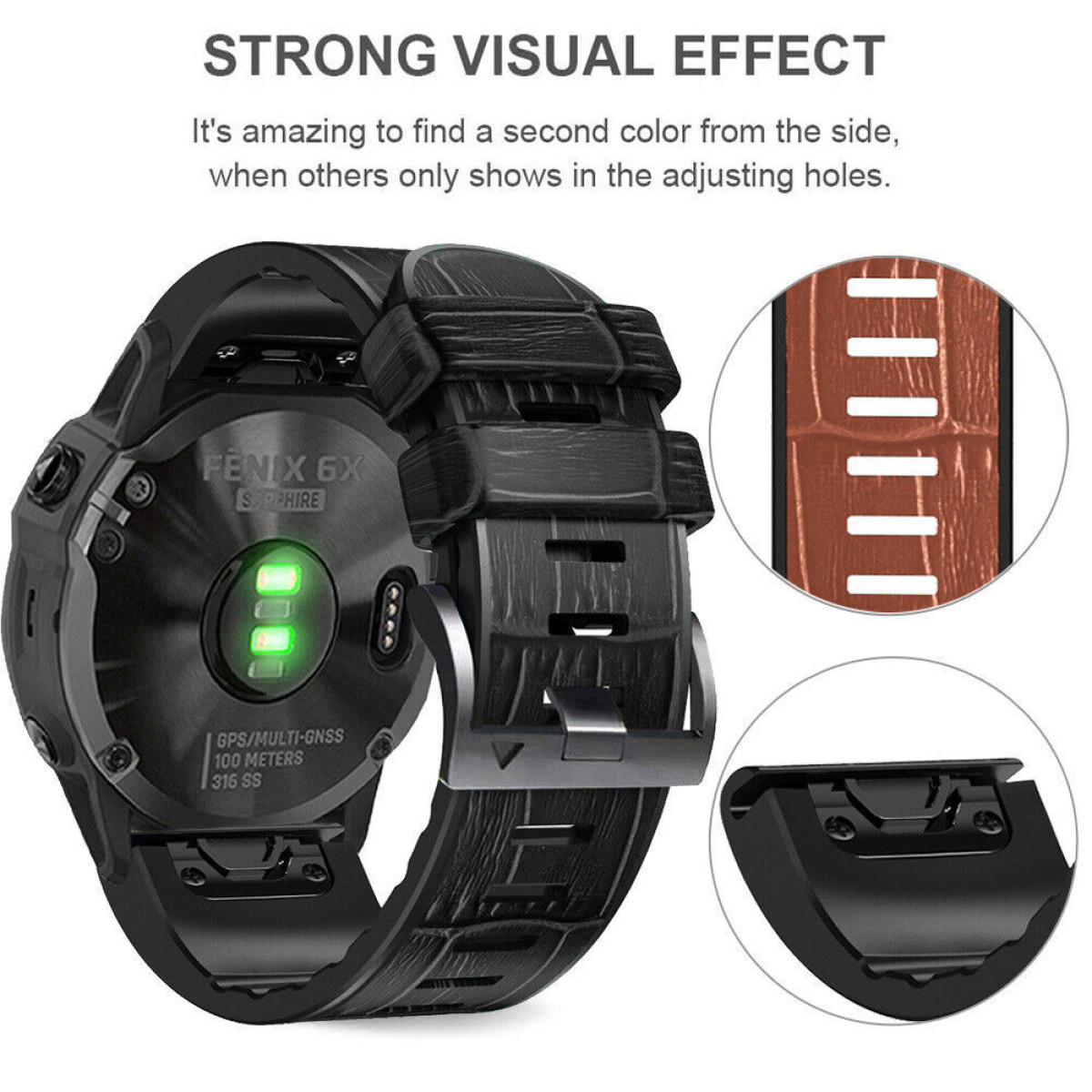 Eine schwarze Smartwatch mit schwarzem Armband. Die Rückseite und Banddetails werden hervorgehoben.