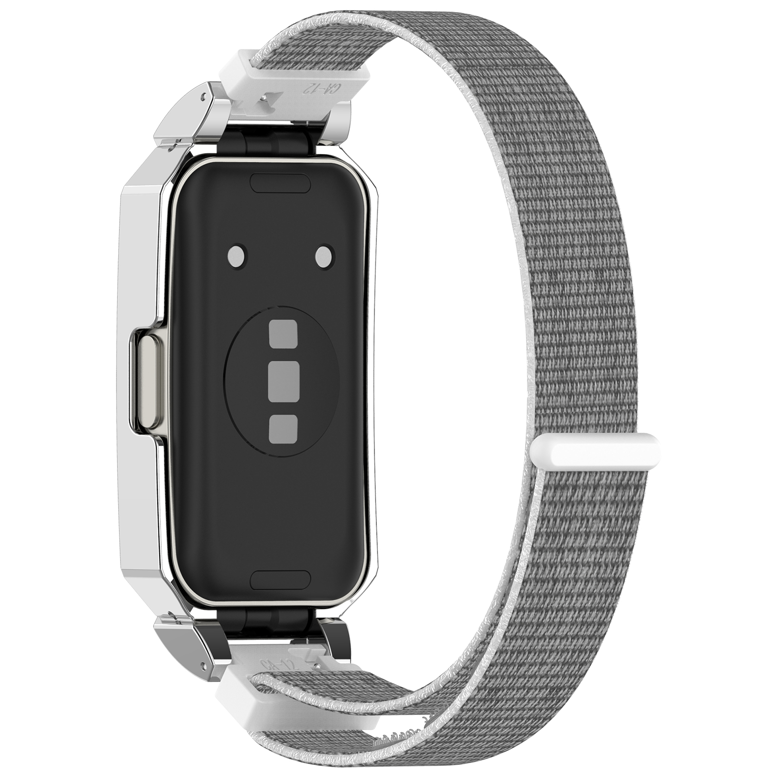 Smartwatch mit grauem Stoffband. Die Rückseite der Uhr ist zu sehen. Das Band ist grau.
