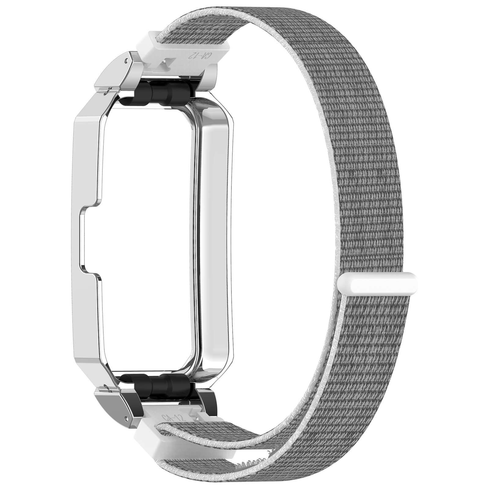 Graues Stoff-Uhrenarmband mit Metallrahmen. Silberne Schnalle.