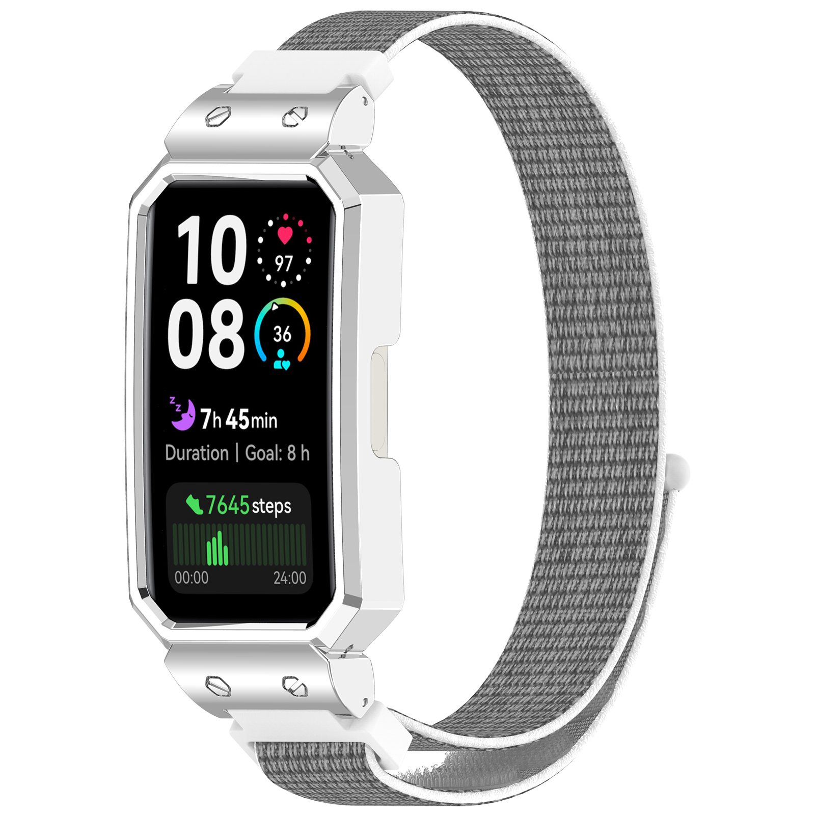 Smartwatch mit grauem Band, zeigt Zeit und Aktivitätsdaten. Weißer Rahmen, graues Band.