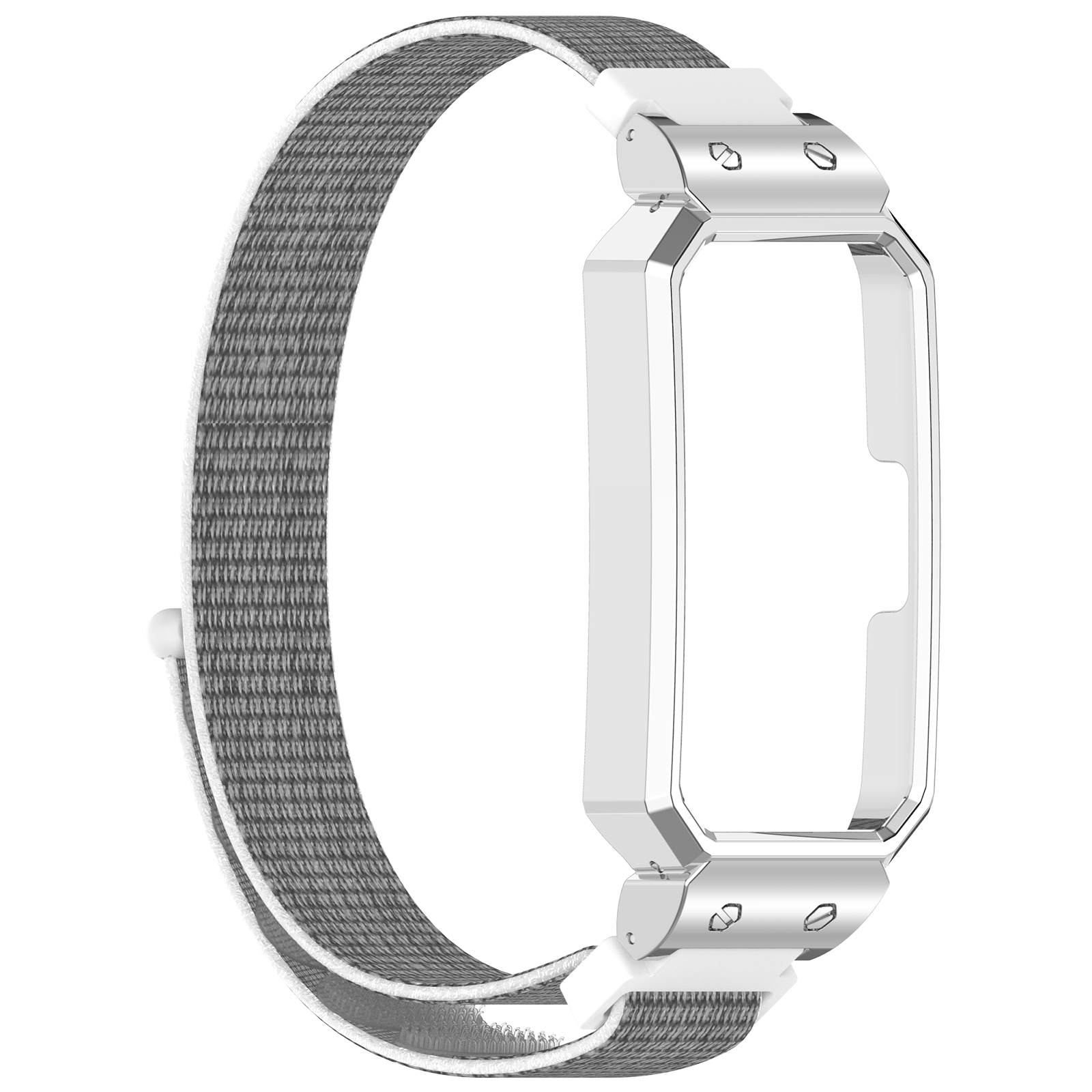 Graues Stoff-Uhrenarmband mit weißem Innenband und silberfarbenem Gehäuse.