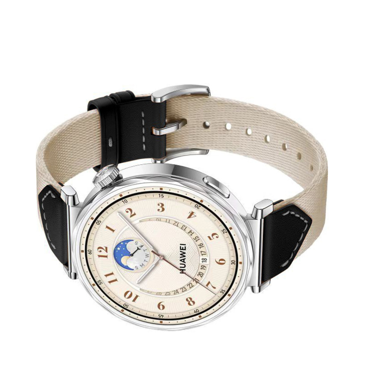 Runde Uhr mit weißem Zifferblatt, beigem Armband mit schwarzen Akzenten, zeigt die Zeit.