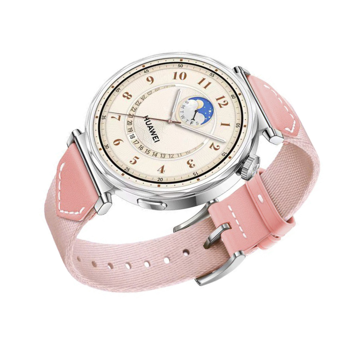 Runde Uhr mit weißem Zifferblatt, pinkfarbenes Armband. Mondphase und Zeit.